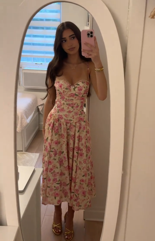 Ivory Base Pink Rose Floral Corset Bustier Midi Dress