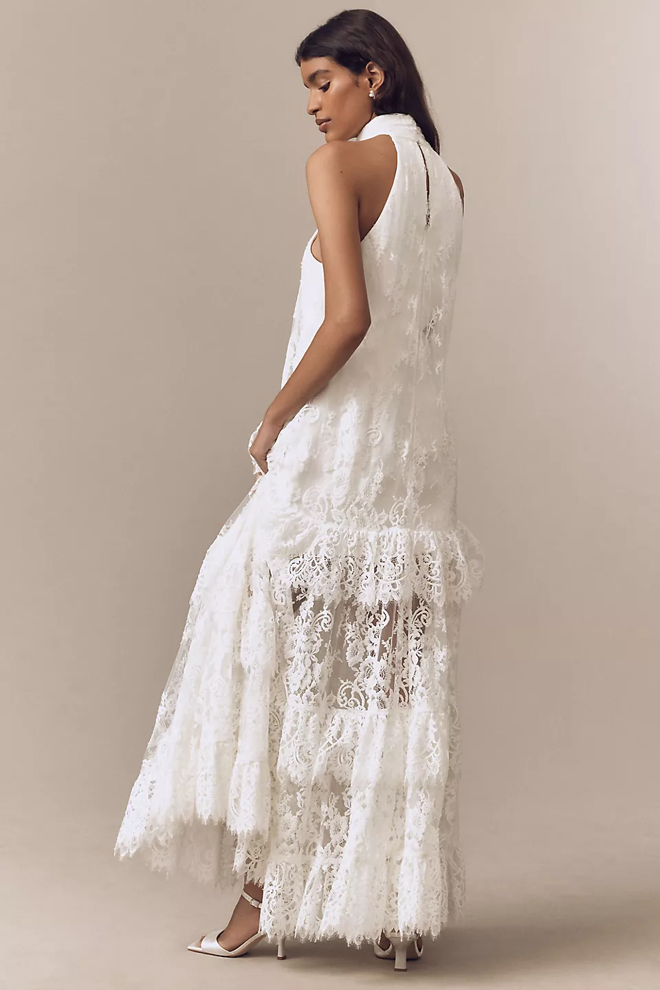 BHLDN Lace Halter Ruffle Peekaboo Maxi Dress