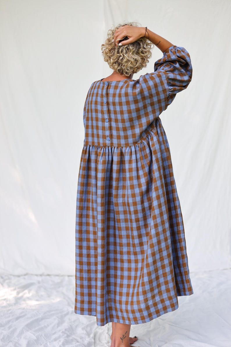 Blue & Brown Gingham Oversized Linen-Blend Midi Dress