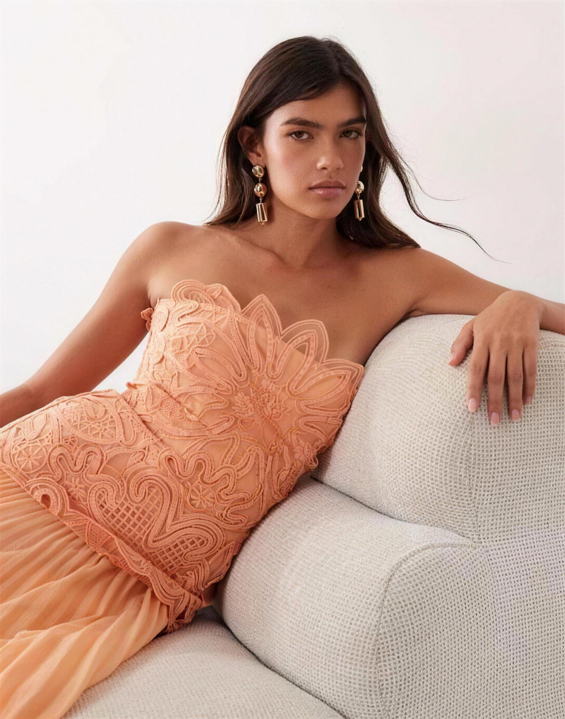 Peach Lace & Pleat Strapless Maxi Dress