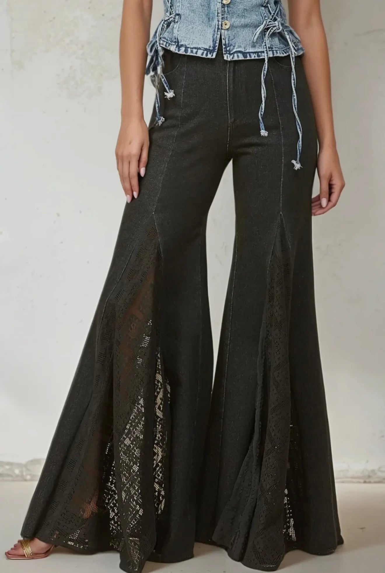 Black Denim Lace Detail Wide Leg Jeans