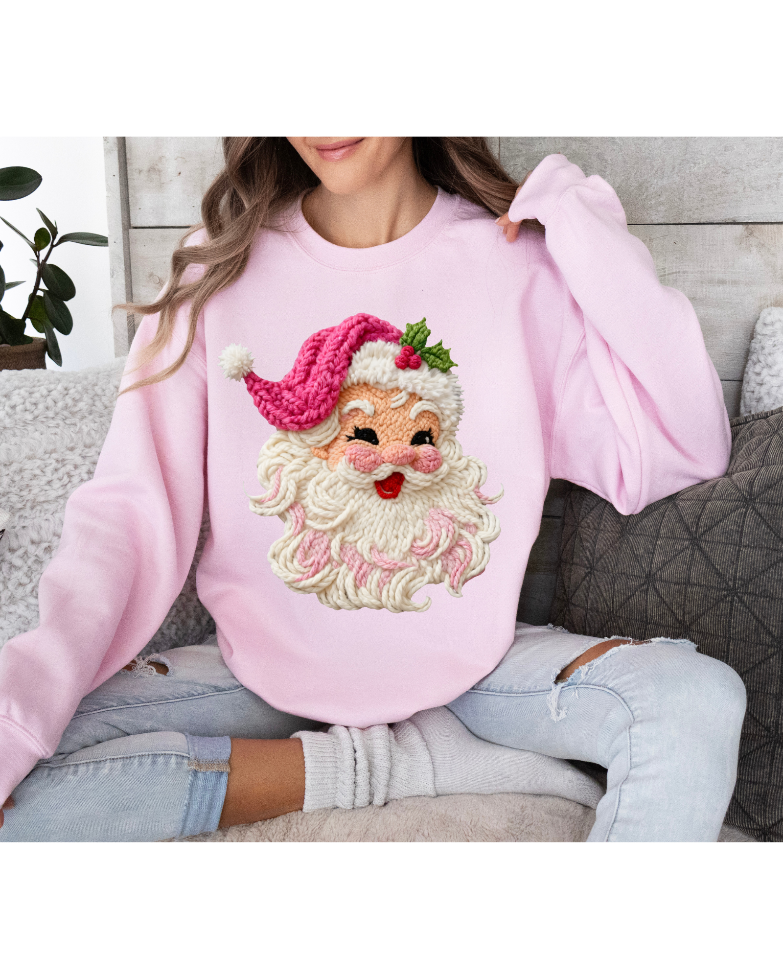 Faux Yarn,  Pink Santa ,Holiday Sweatshirt