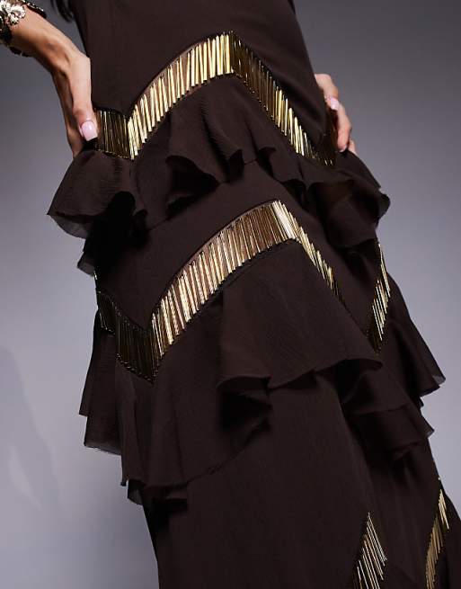 halter neck tiered embellished ruffle maxi dress in chocolate