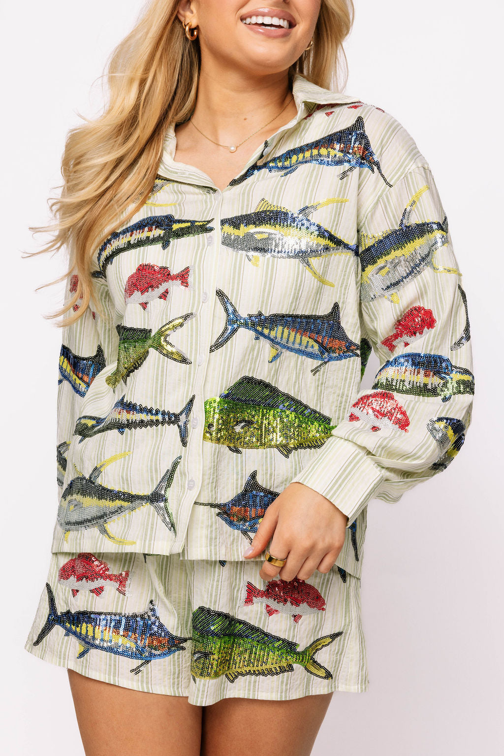 Queen of Sparkles Green Stripe Multi Fish Short