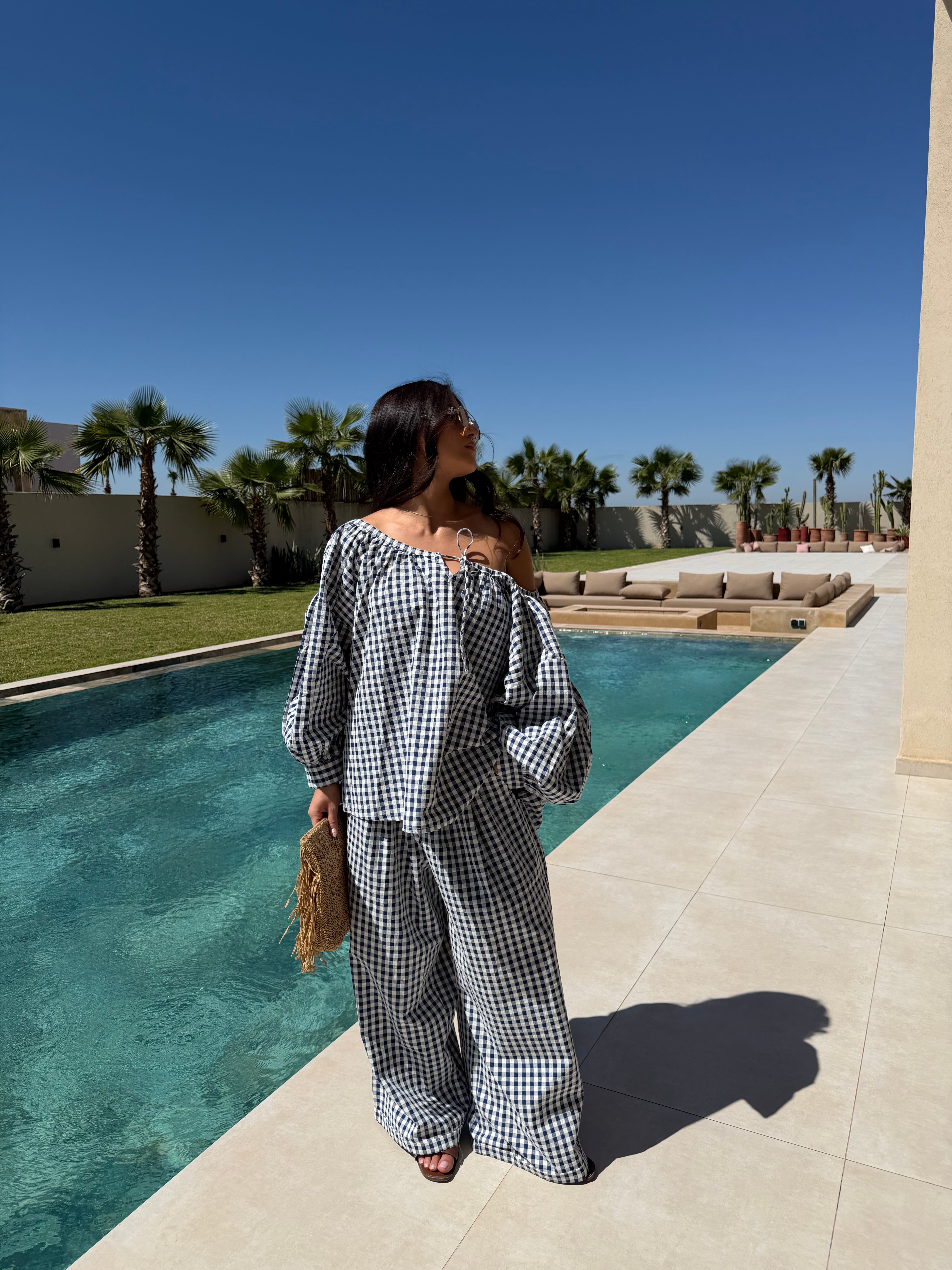 Gingham Off-Shoulder Linen-Blend 2-Piece Set