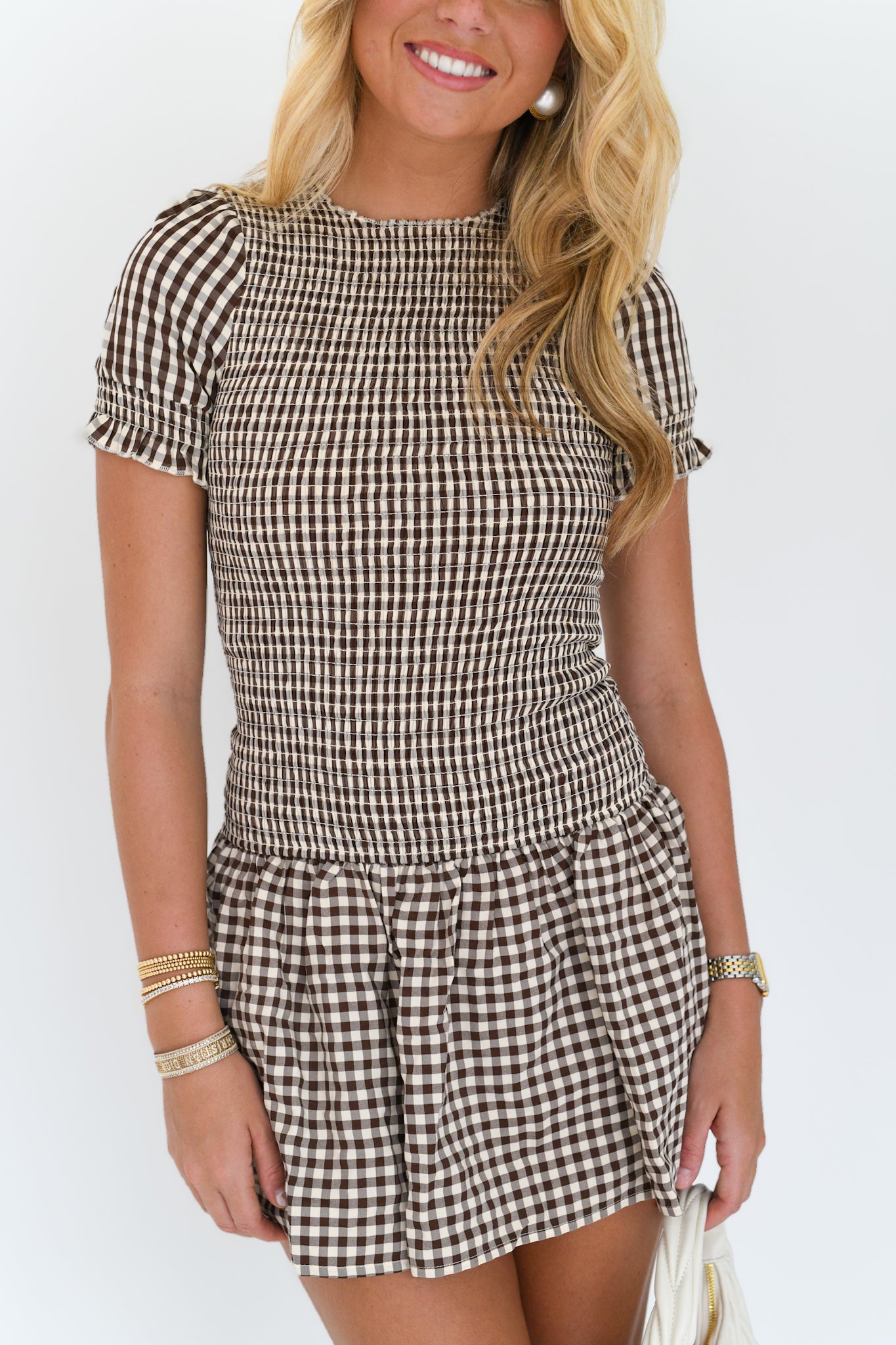 Veronica Smocked Mini Dress - Brown Plaid