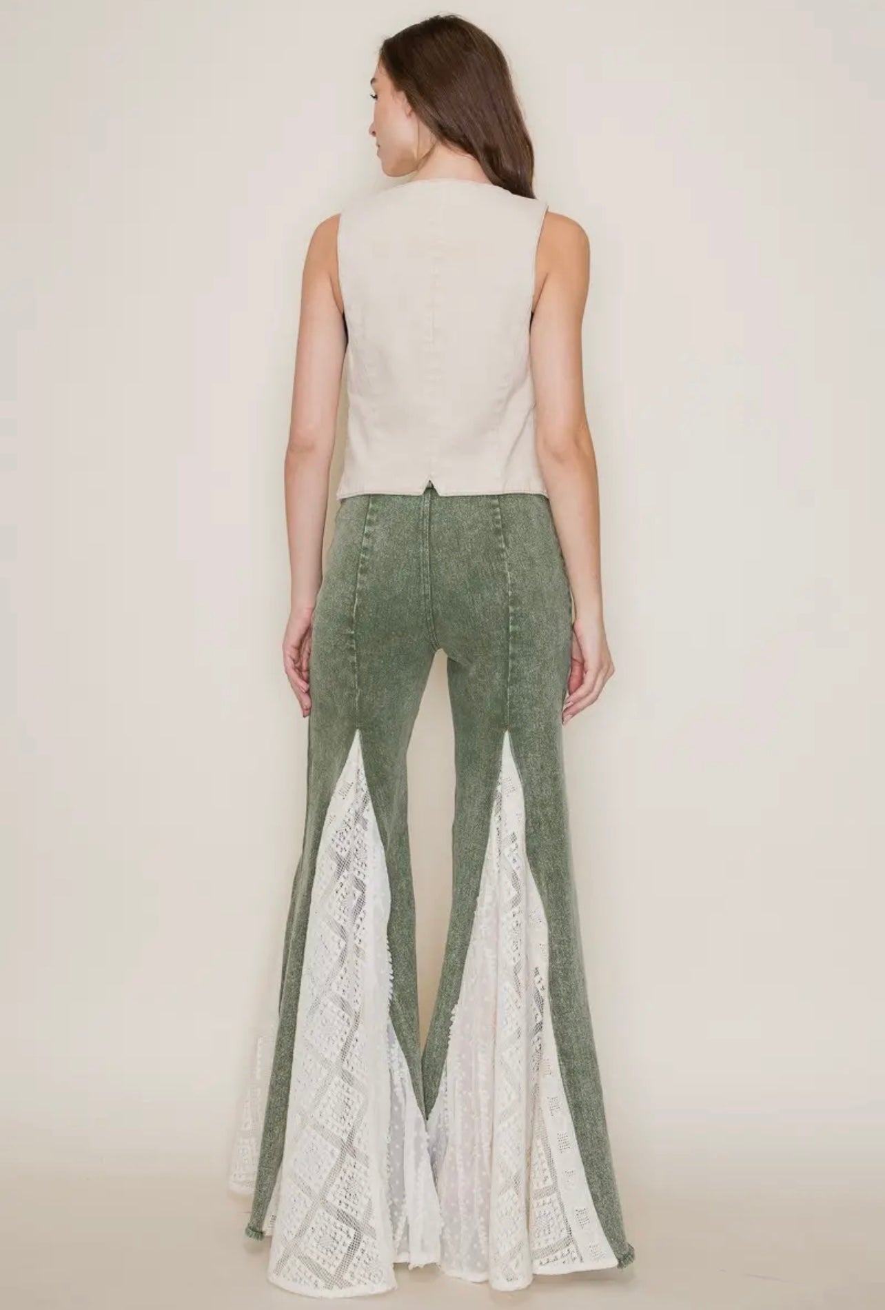 Lace Detail Wide Leg Jeans in Olive