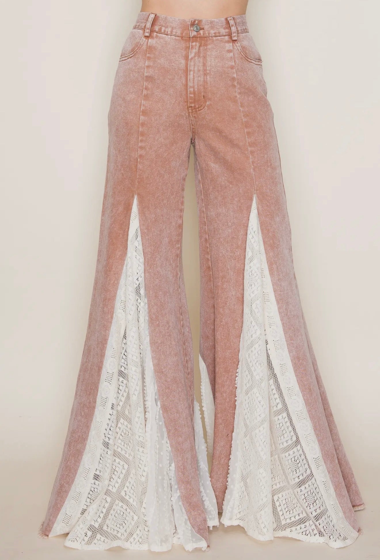Tan Lace Detail Wide Leg Jeans