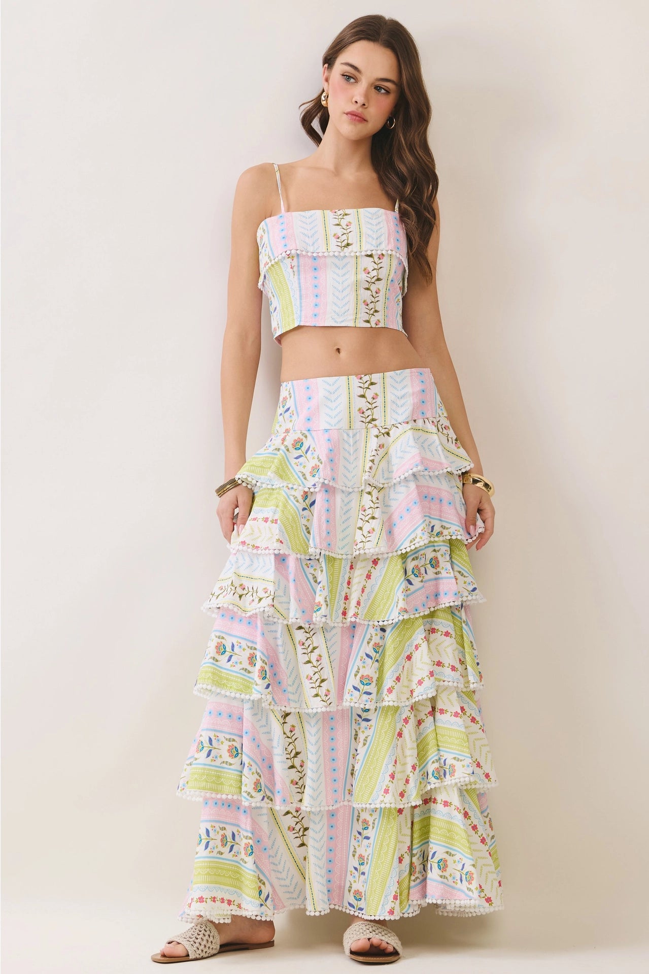 Floral Print Tiered Ruffle Maxi Skirt