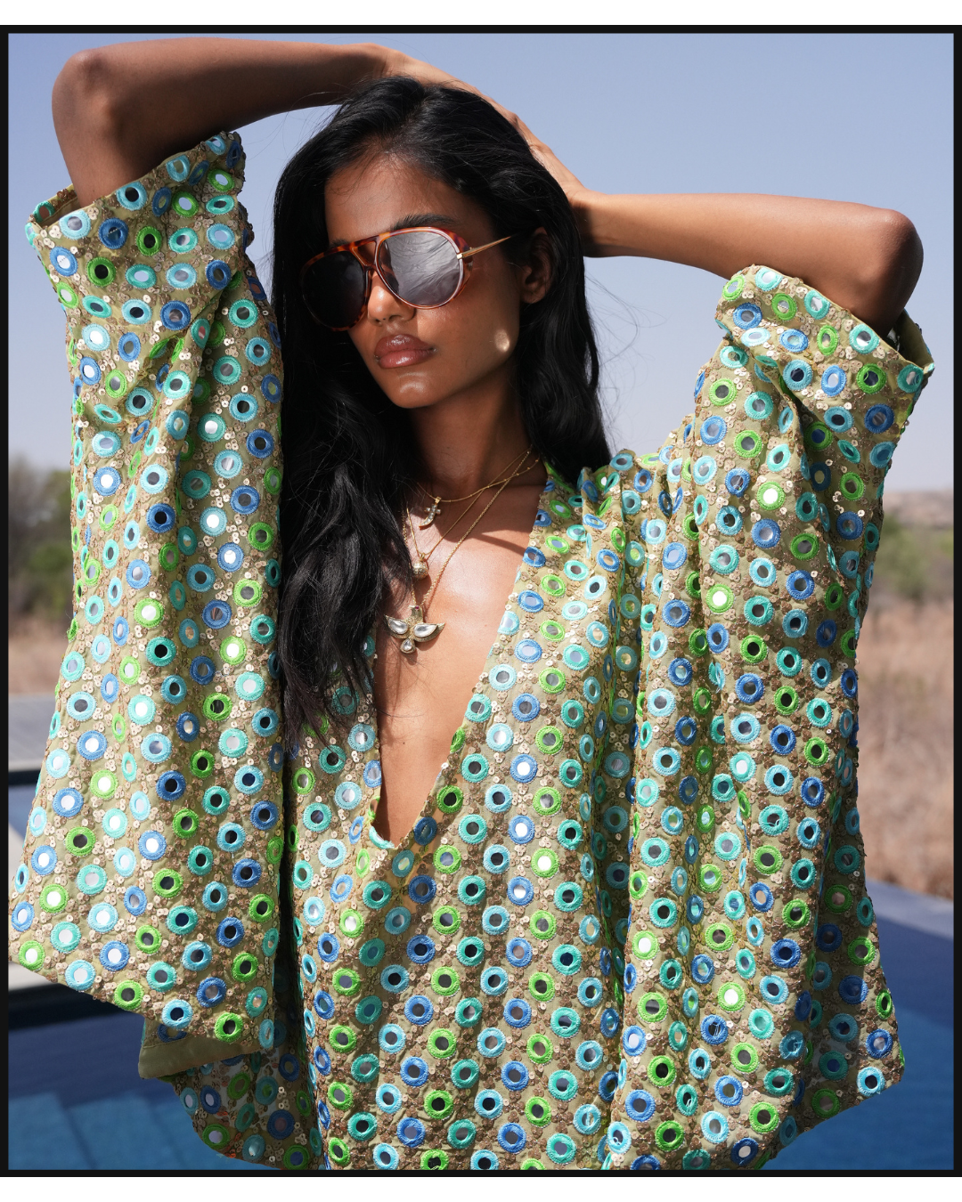 MIRROR WORK KAFTAN — OLIVE