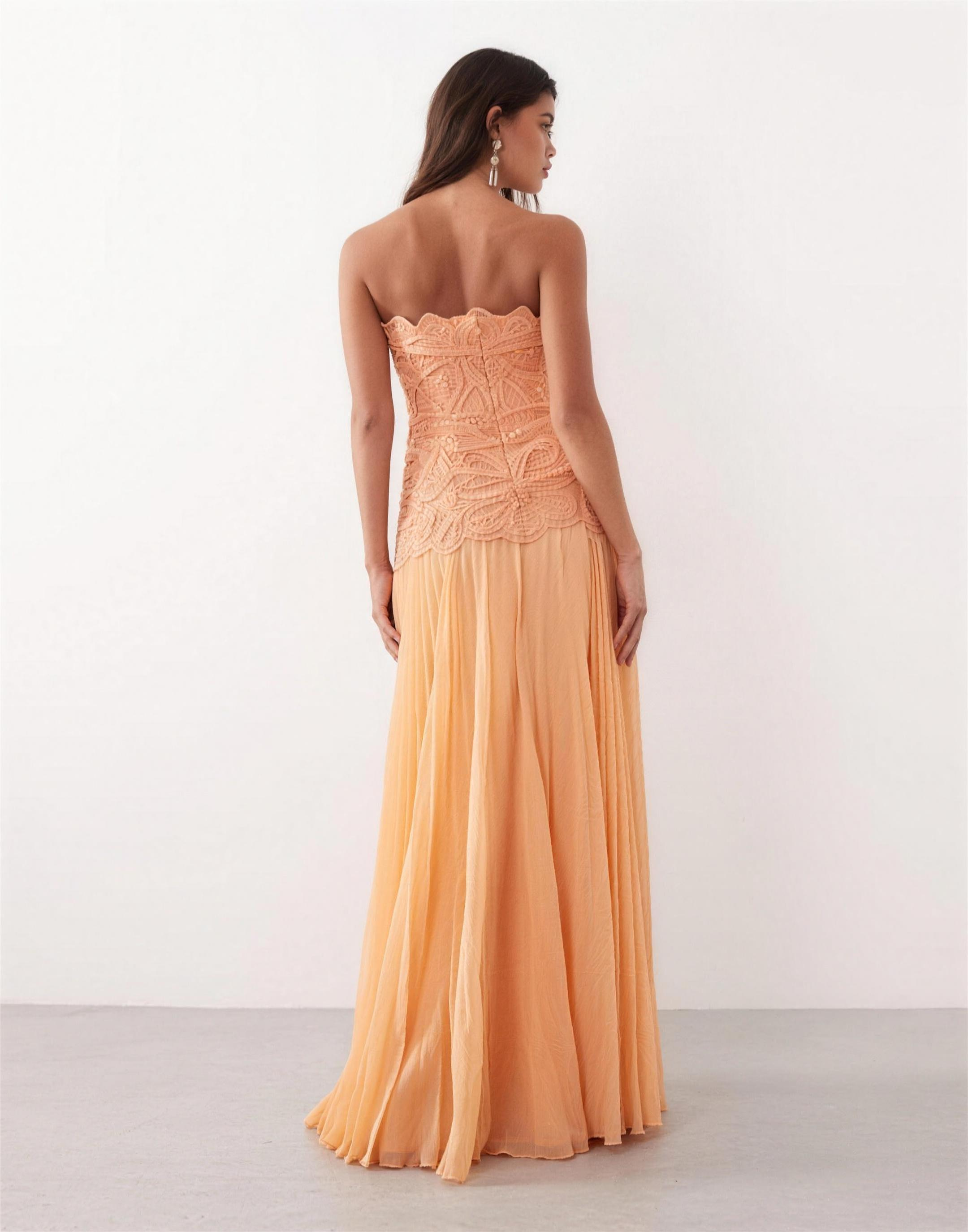 Peach Lace & Pleat Strapless Maxi Dress