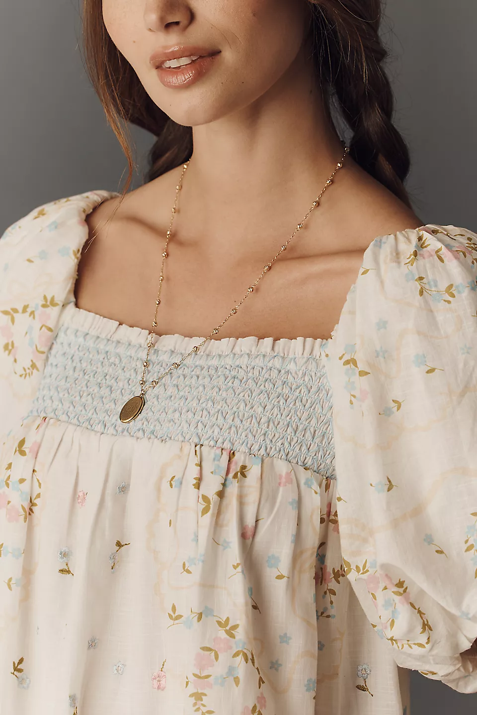 Off‑White Floral Embroidered Puff Sleeve Smocked Mini Dress