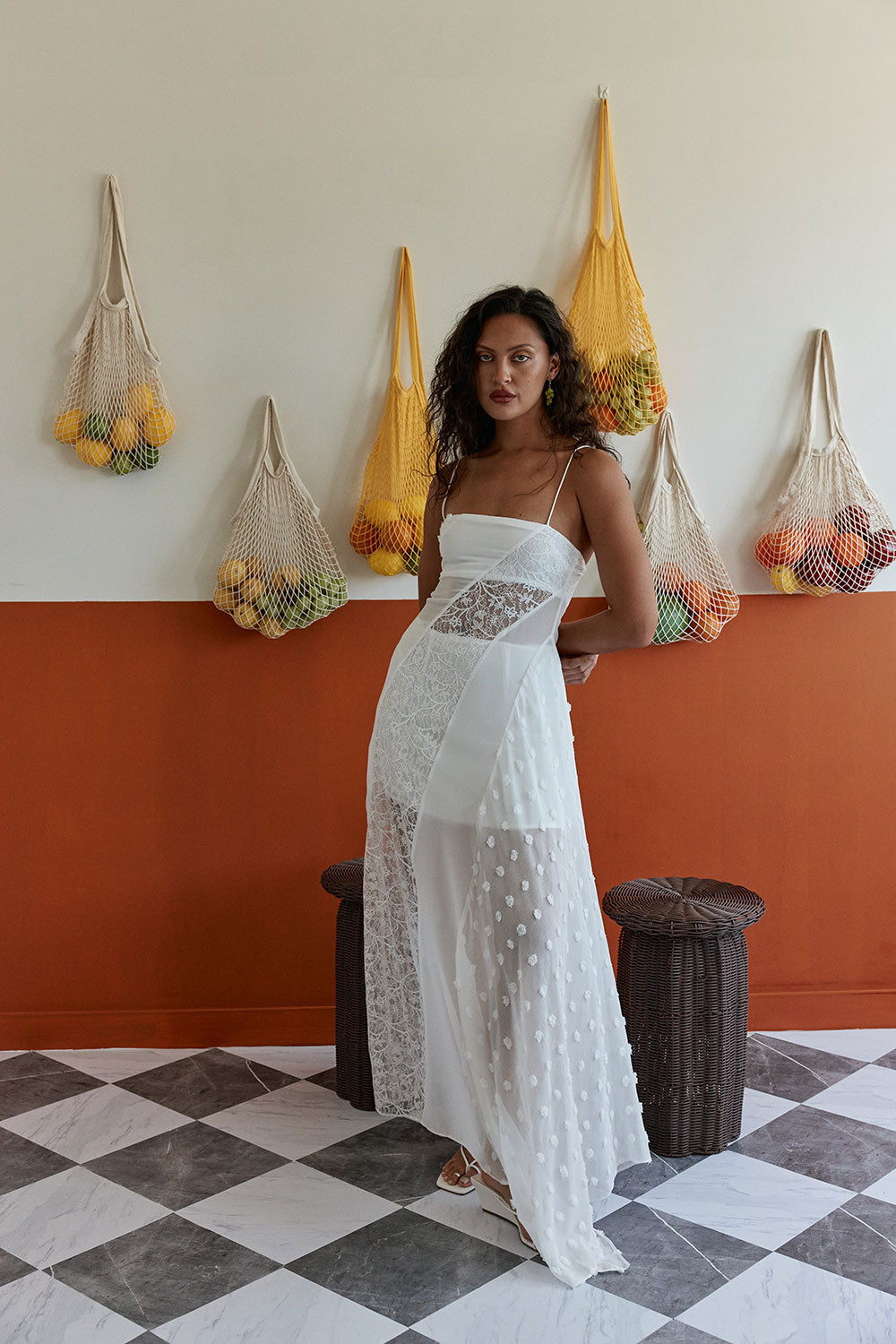 White Patchwork Lace & Chiffon Maxi Dress