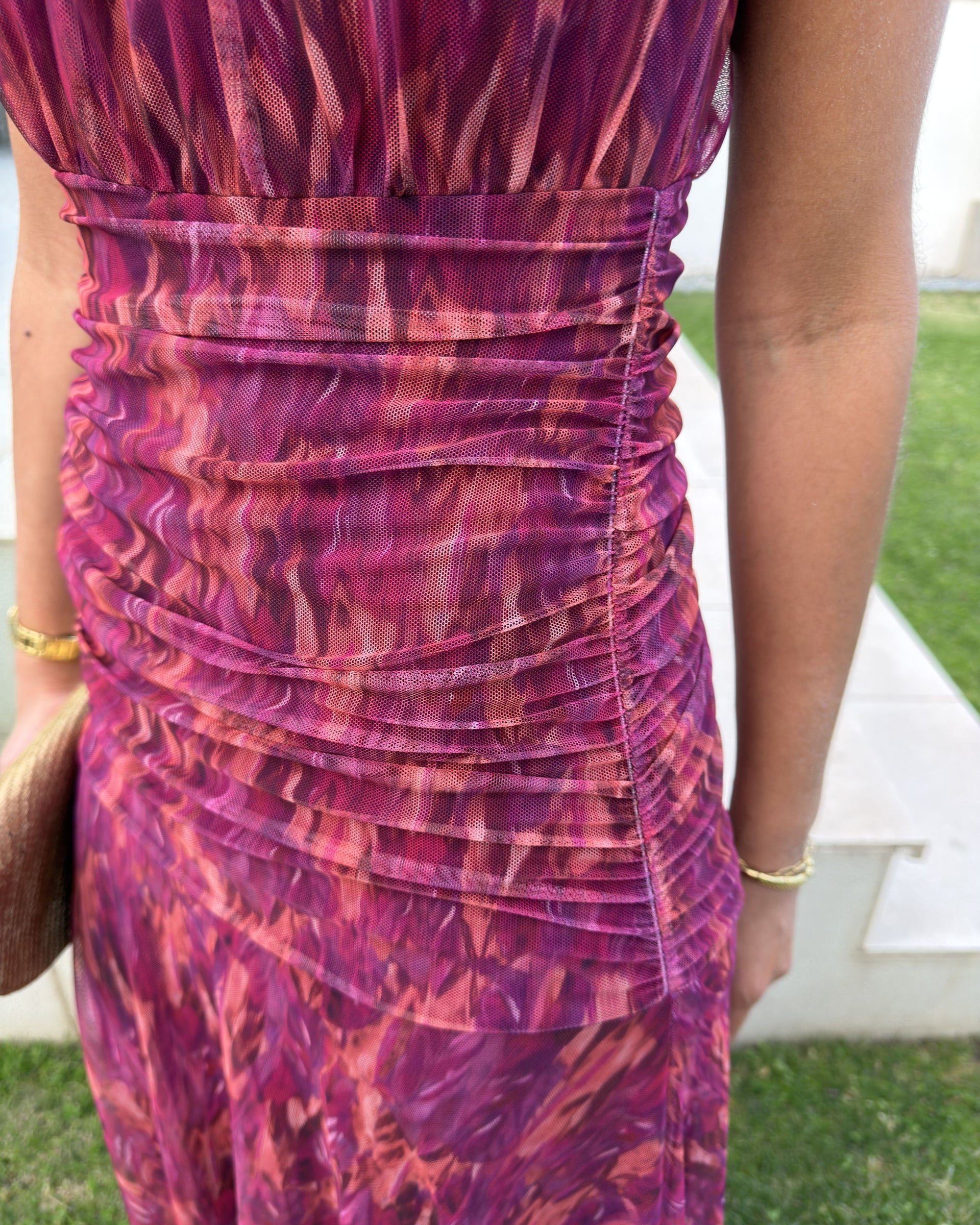  Floral Ruched Mesh Midi Dress 