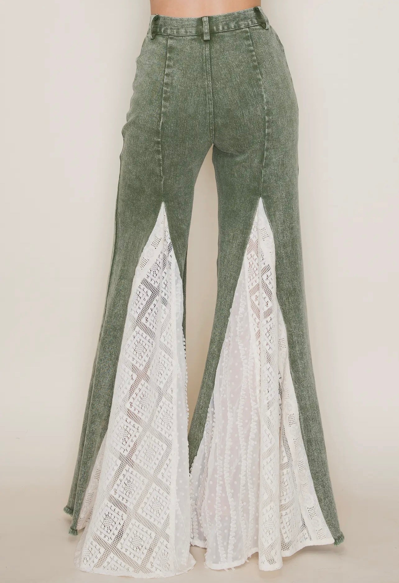 Lace Detail Wide Leg Jeans in Olive