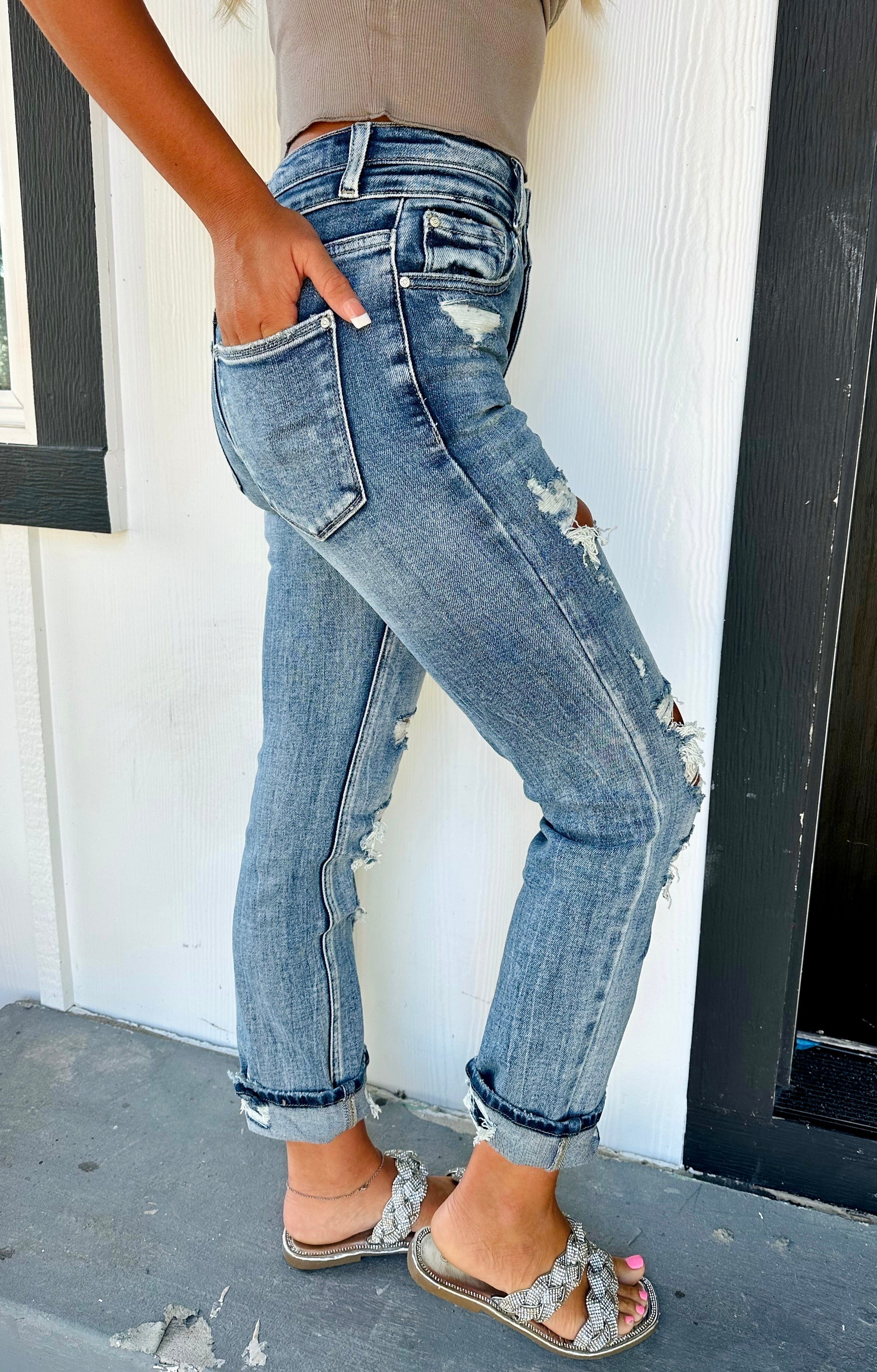 Dana Double Button Distressed High Rise Jeans