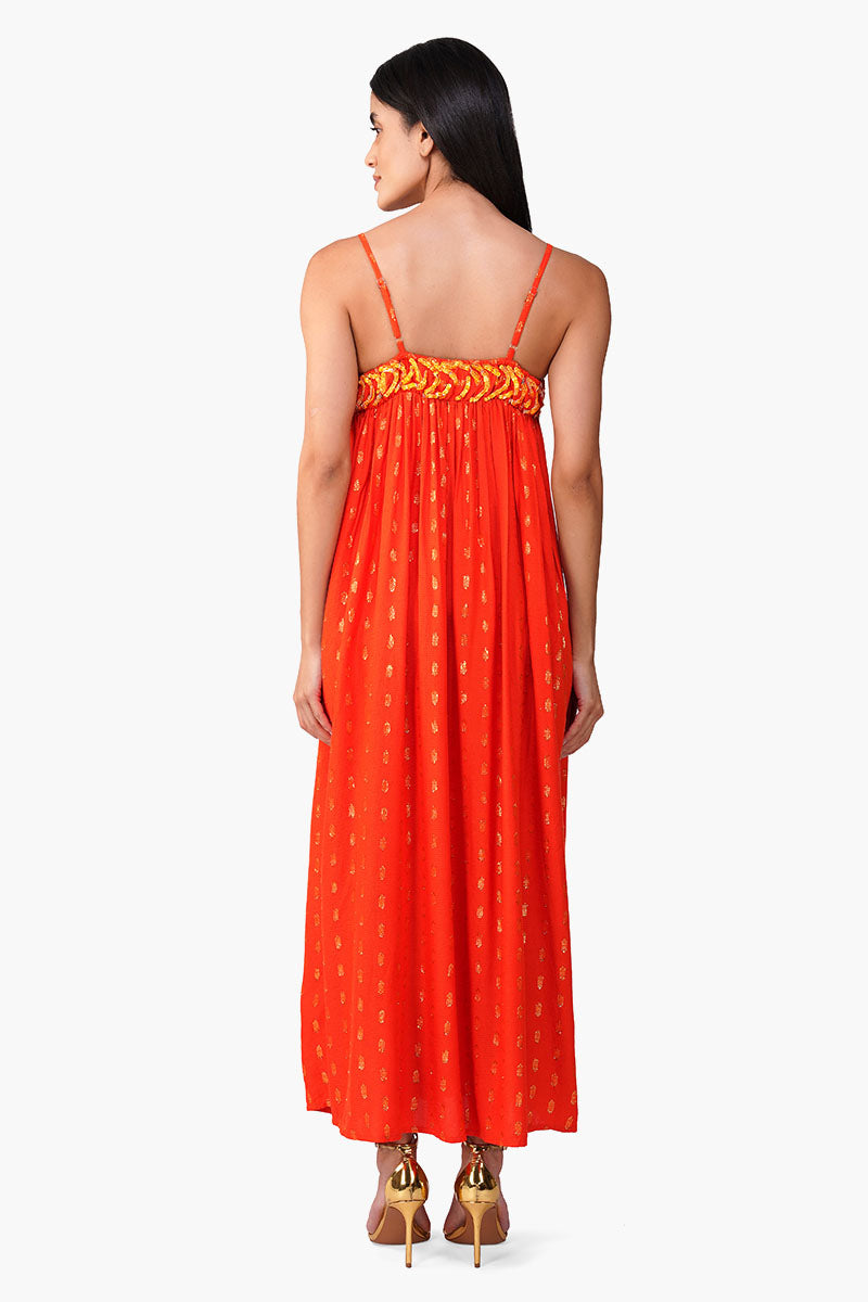Embellished Tangerine Ariel Flared Maxi Dress