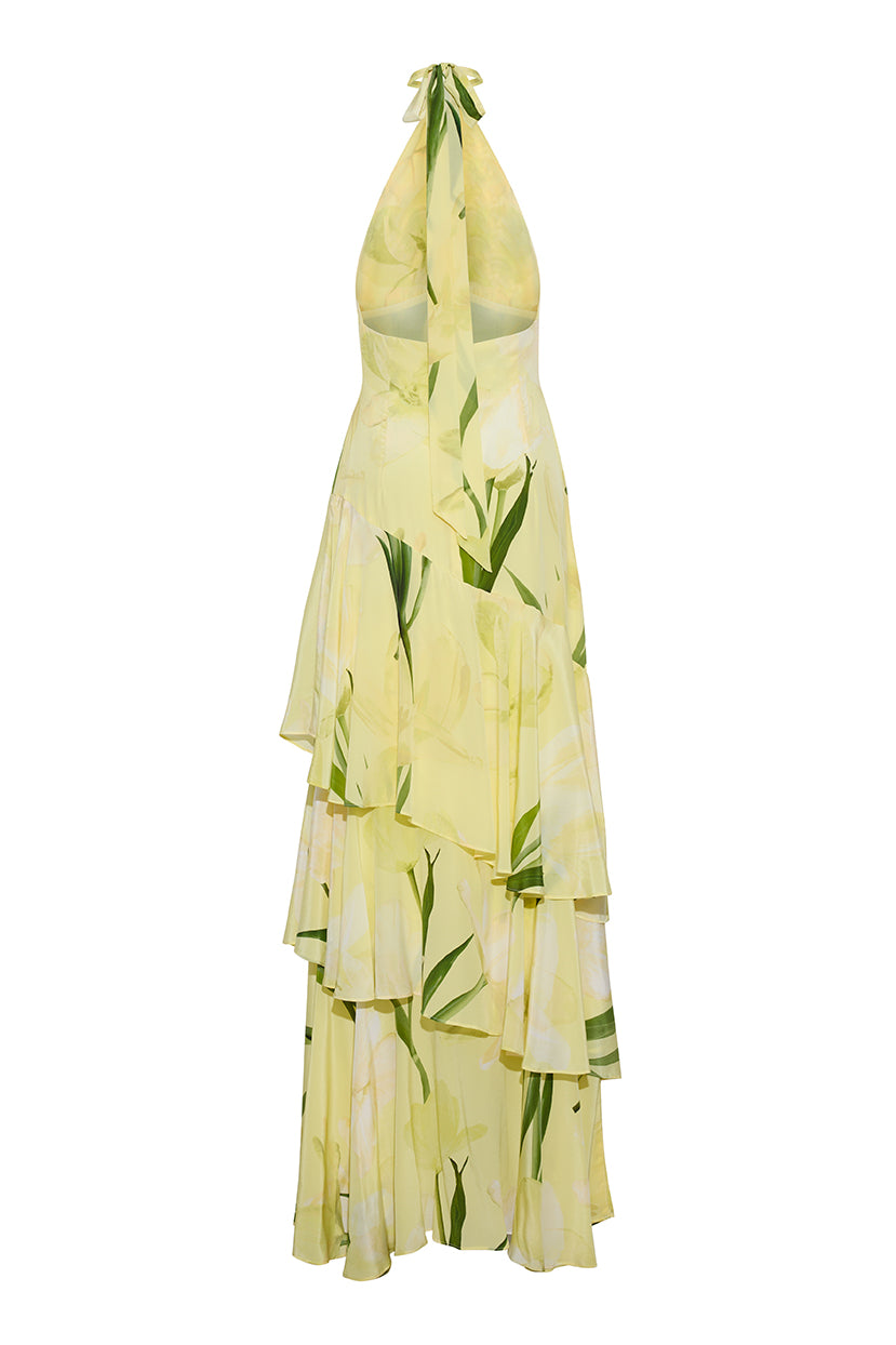 Yellow Floral Halter Tiered Maxi Dress