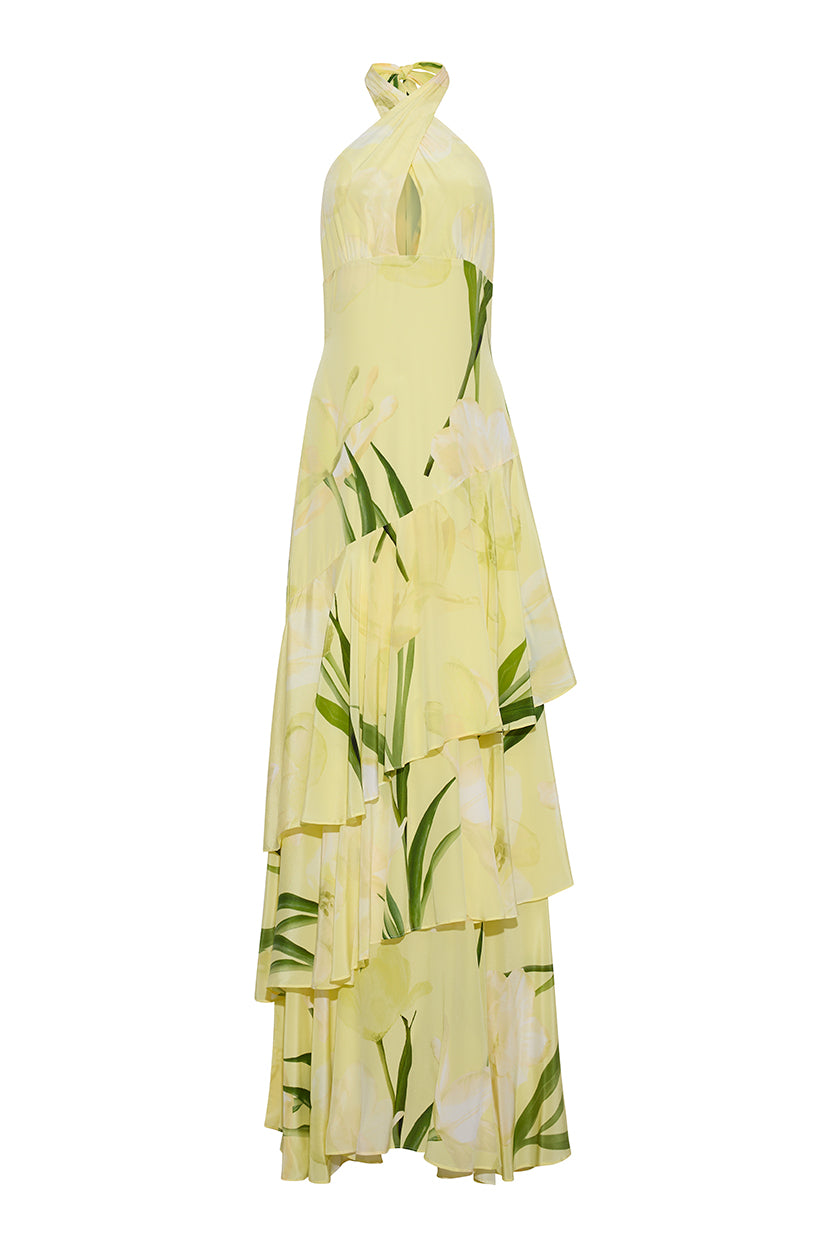 Yellow Floral Halter Tiered Maxi Dress