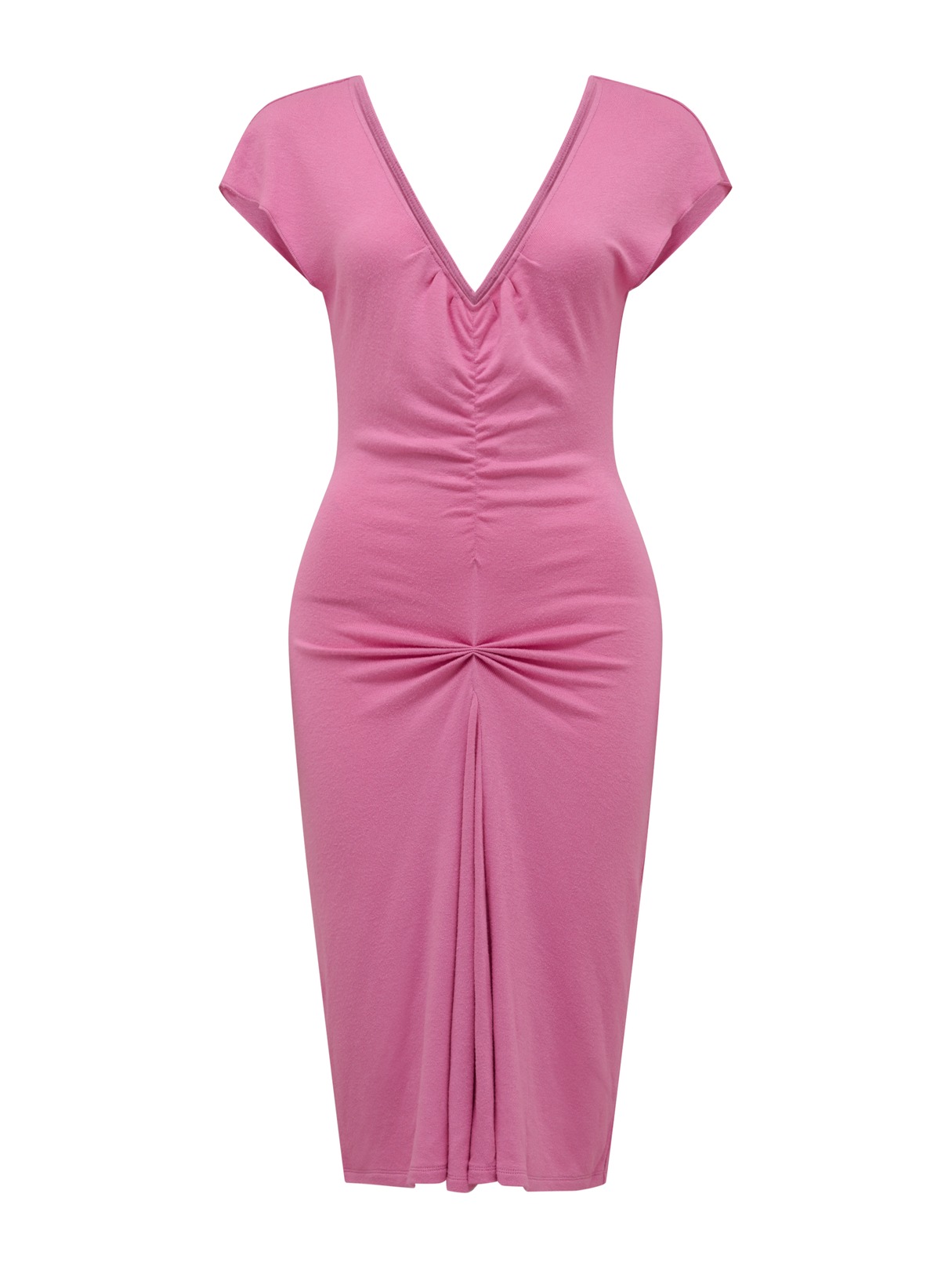 V NECK RUCHED MIDI DRESS