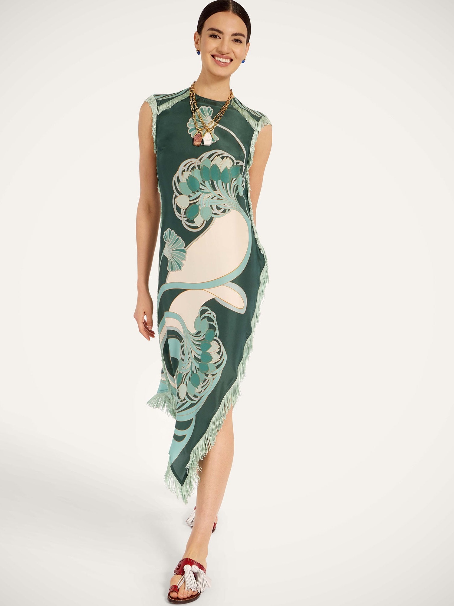ART NOUVEAU PRINT FRINGED SATIN MIDI DRESS 