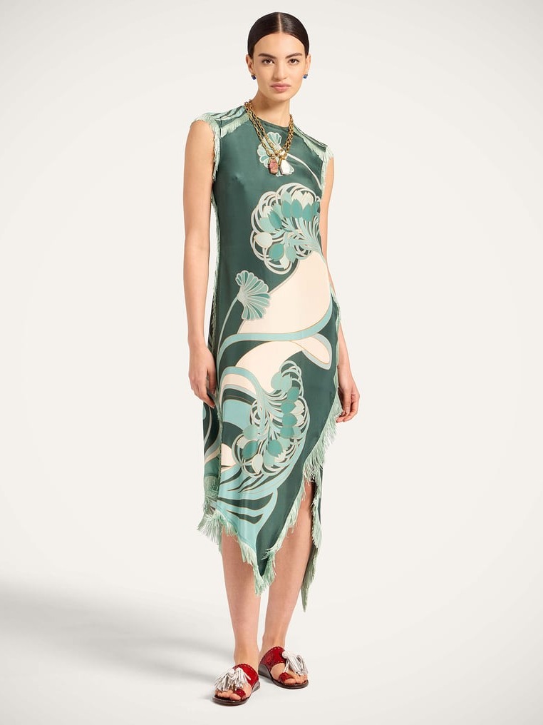 ART NOUVEAU PRINT FRINGED SATIN MIDI DRESS 