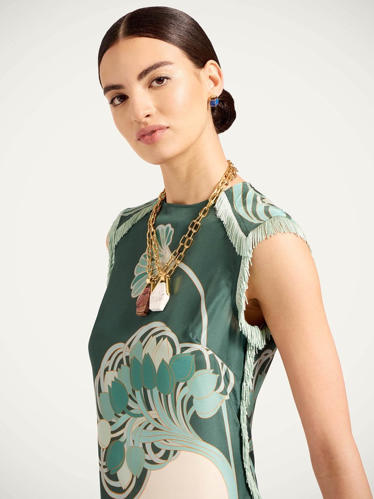 ART NOUVEAU PRINT FRINGED SATIN MIDI DRESS 