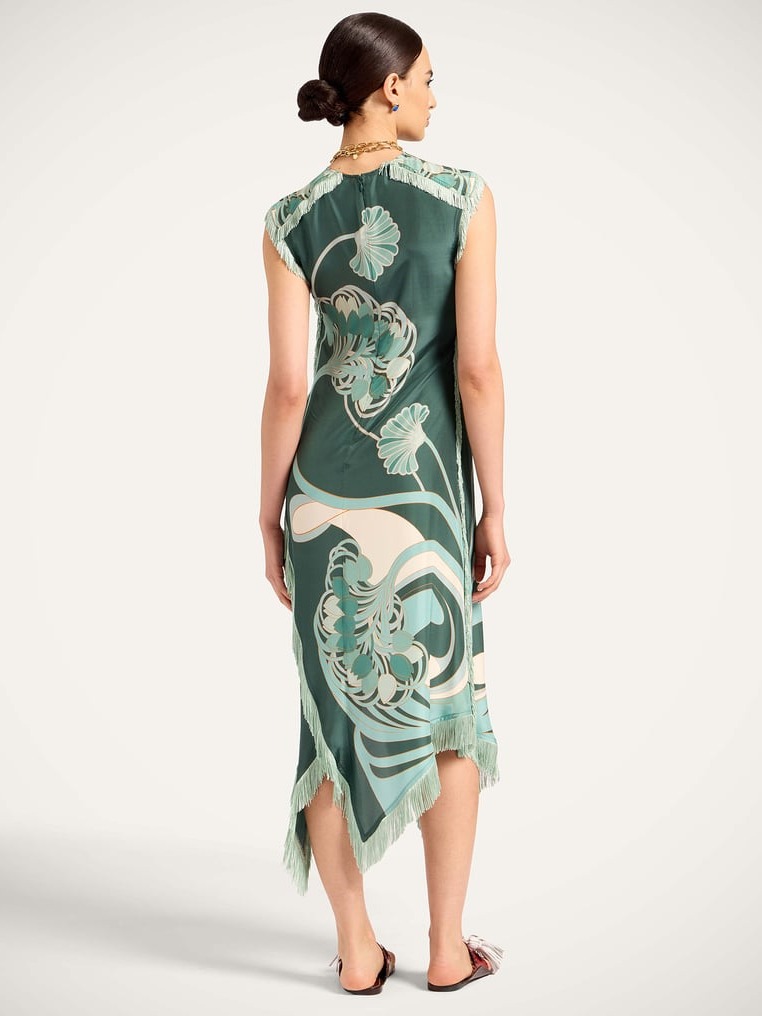 ART NOUVEAU PRINT FRINGED SATIN MIDI DRESS 
