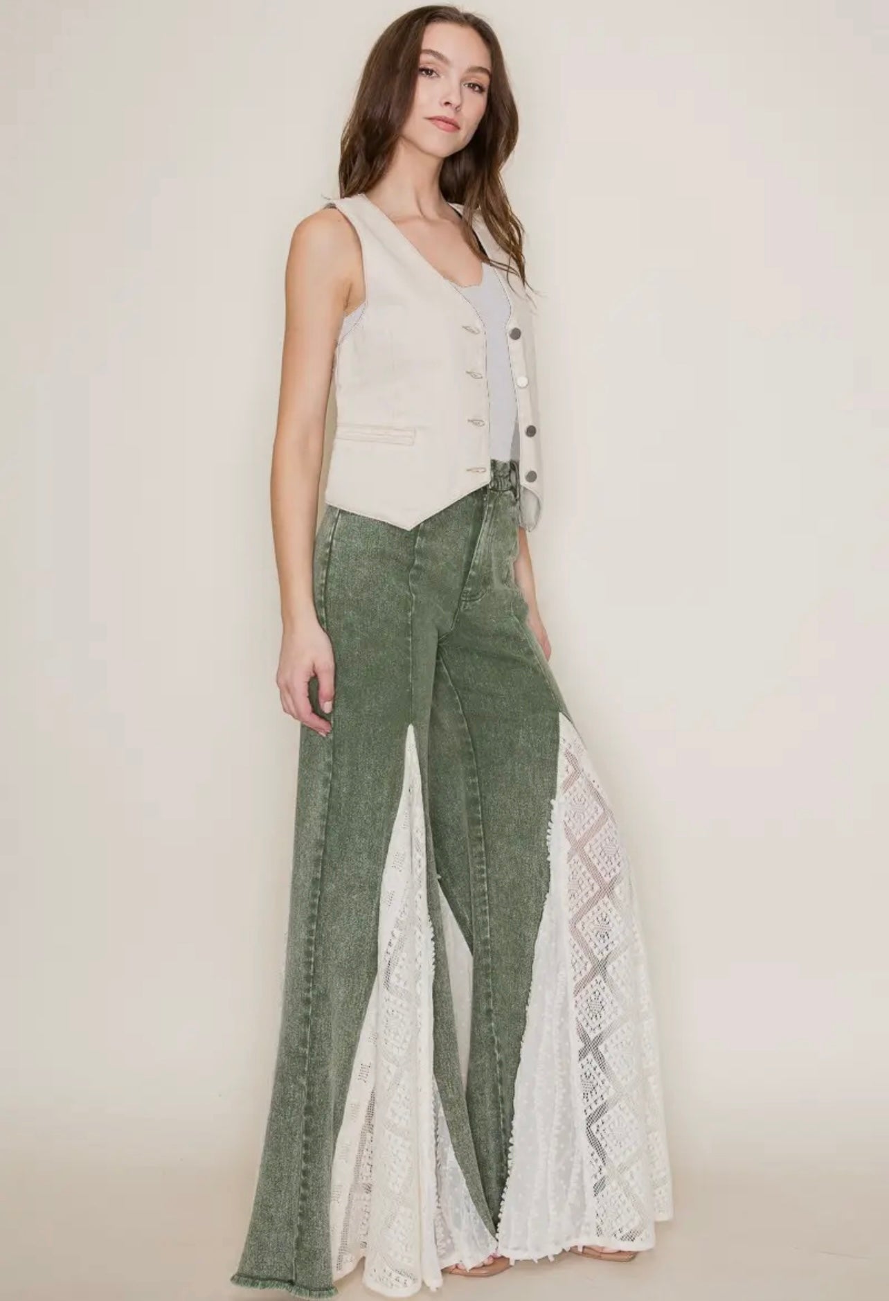 Lace Detail Wide Leg Jeans in Olive