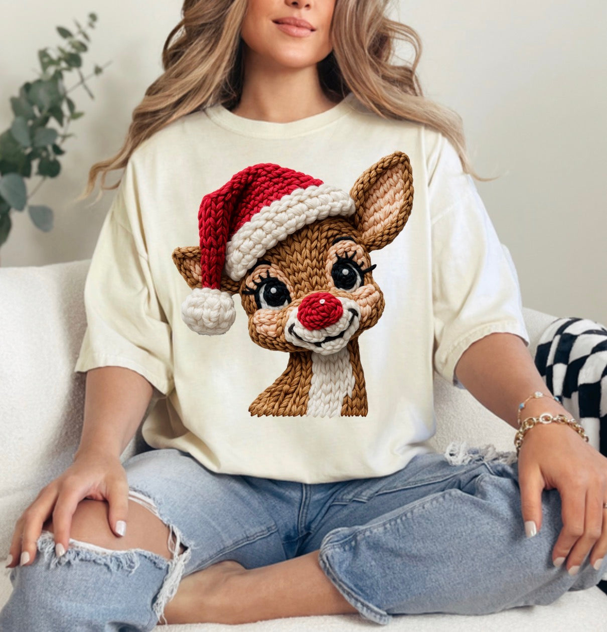 Faux Yarn, Red Nose Reindeer, Santa Hat, Holiday Sweatshirt