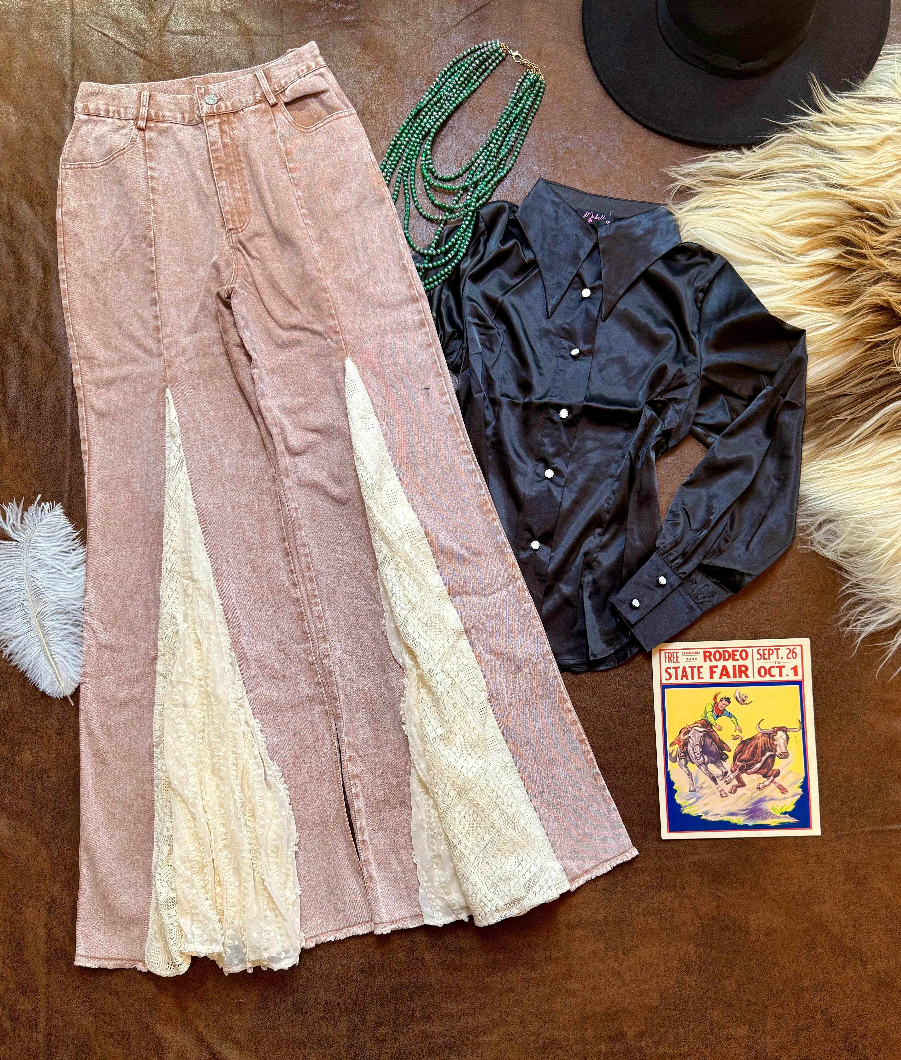 Tan Lace Detail Wide Leg Jeans