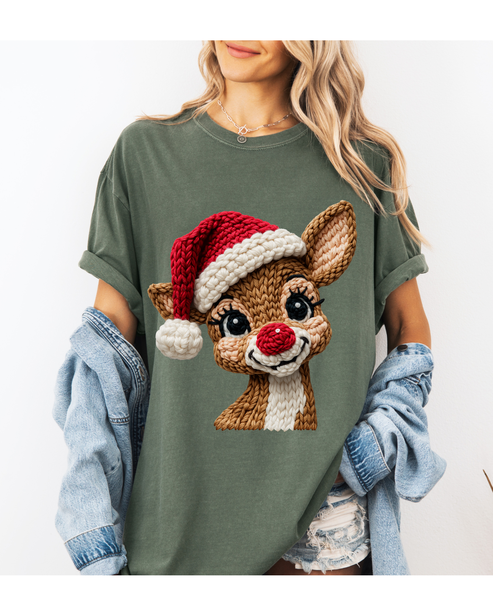 Faux Yarn, Red Nose Reindeer, Santa Hat, Holiday Sweatshirt