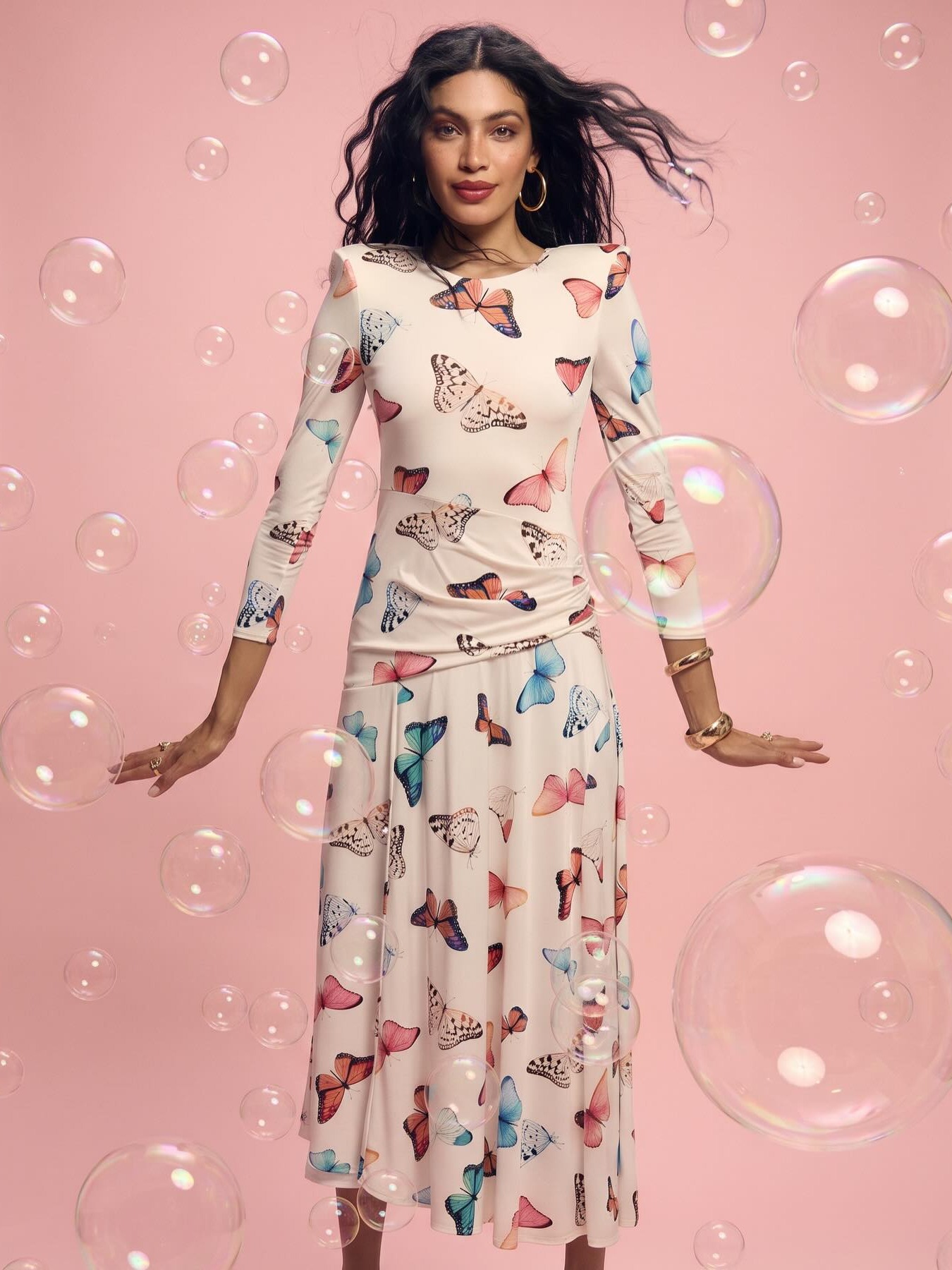 BUTTERFLY PRINT LONG SLEEVE MIDI DRESS 