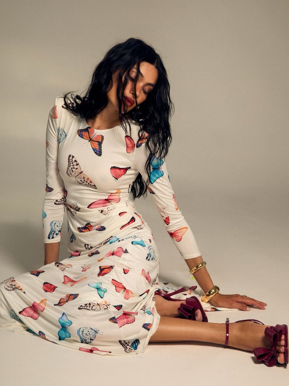 BUTTERFLY PRINT LONG SLEEVE MIDI DRESS 
