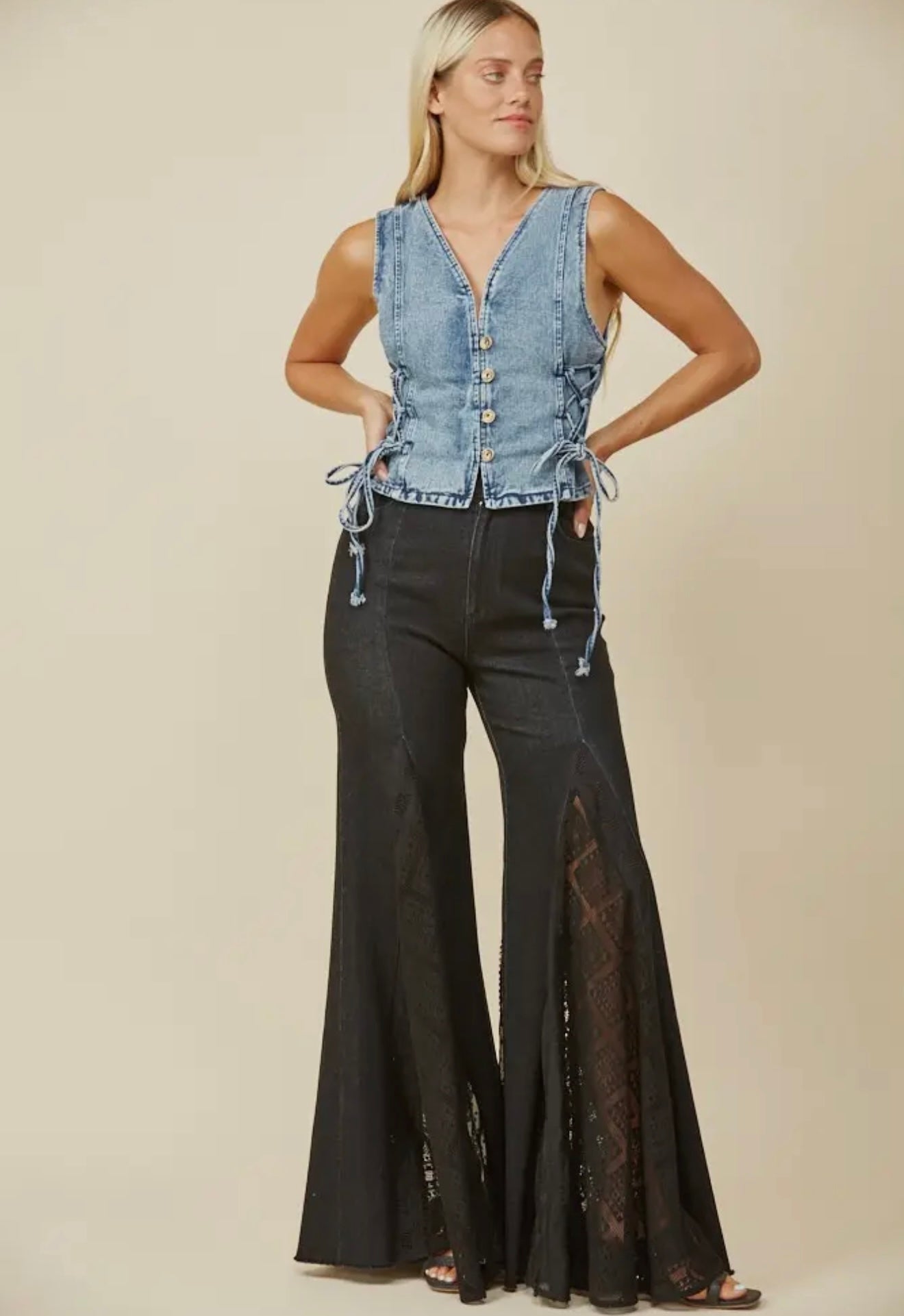 Black Denim Lace Detail Wide Leg Jeans