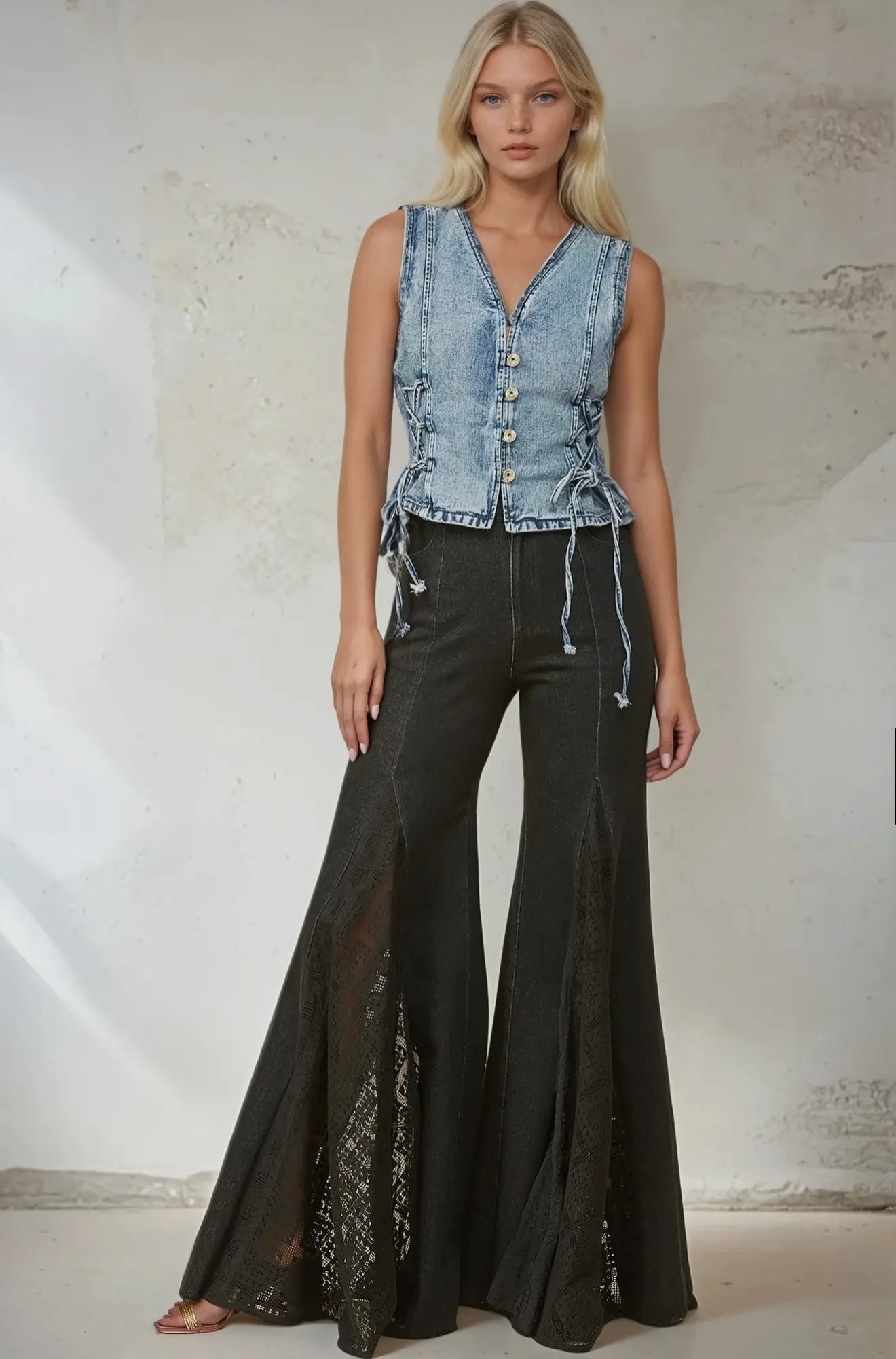 Black Denim Lace Detail Wide Leg Jeans