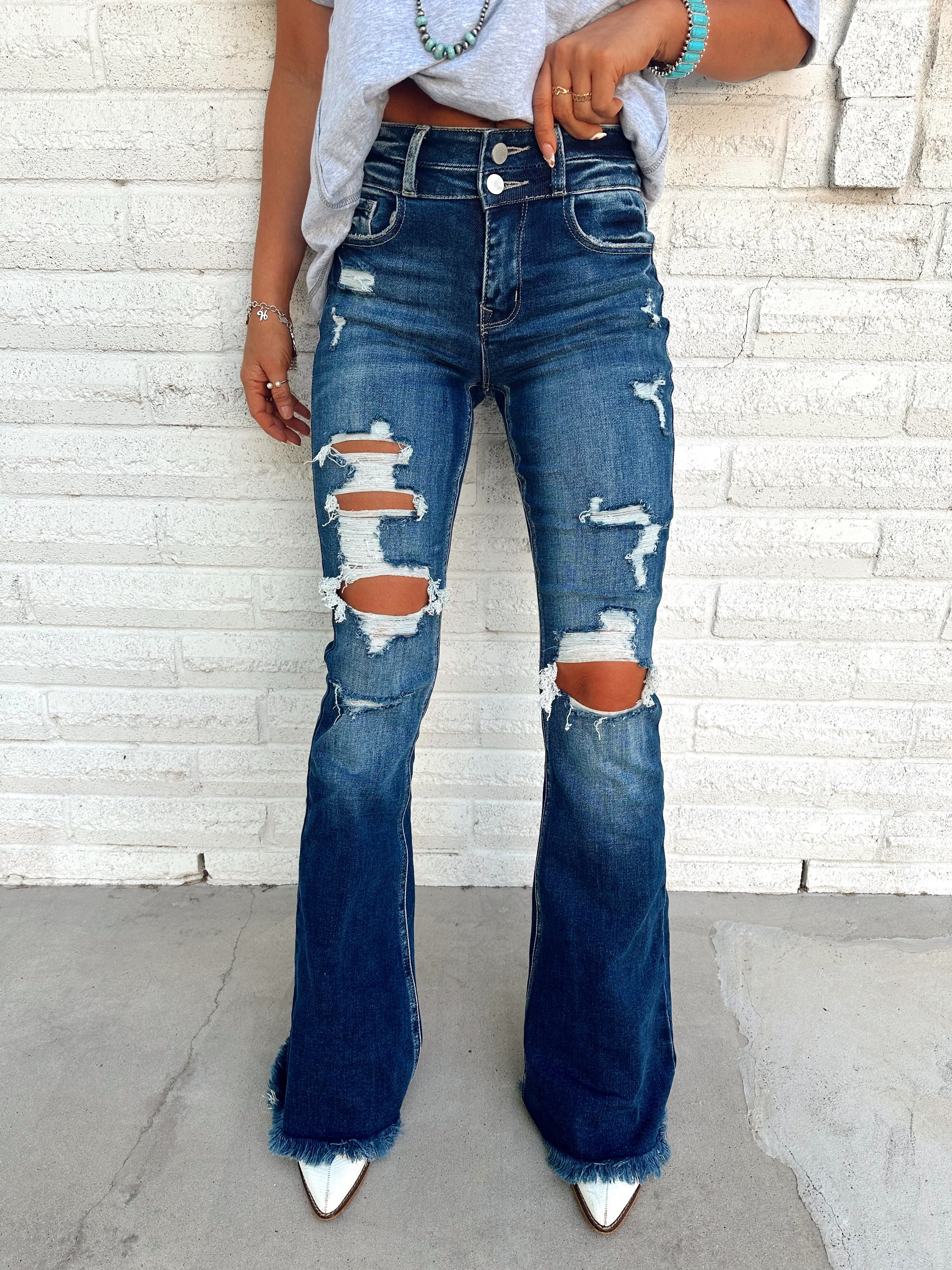 DARK WASH Route 507 Milestone Distressed Denim Flare Jeans