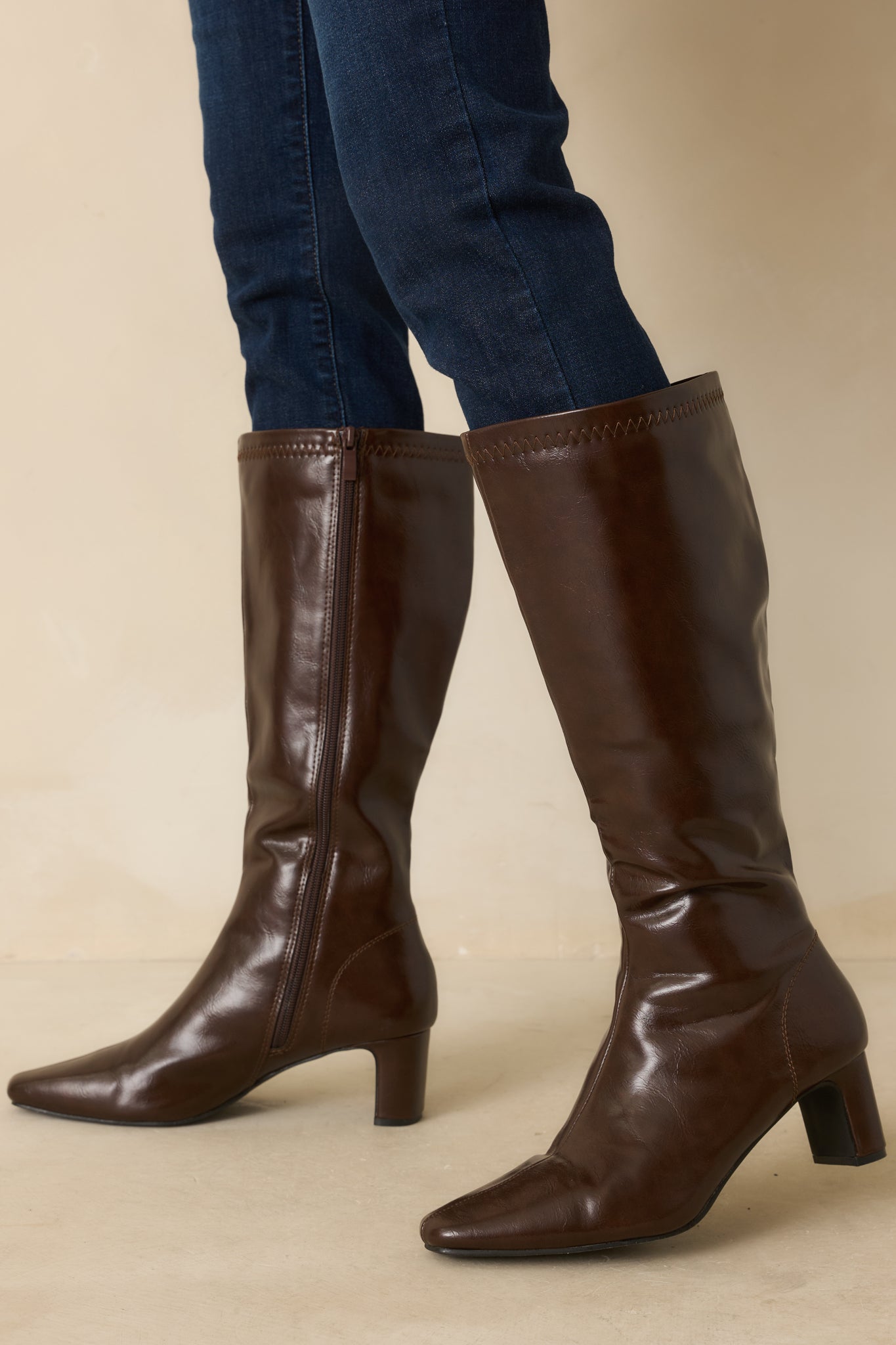 Set The Tone Chocolate Brown Faux Leather Knee High Block Heel Boots
