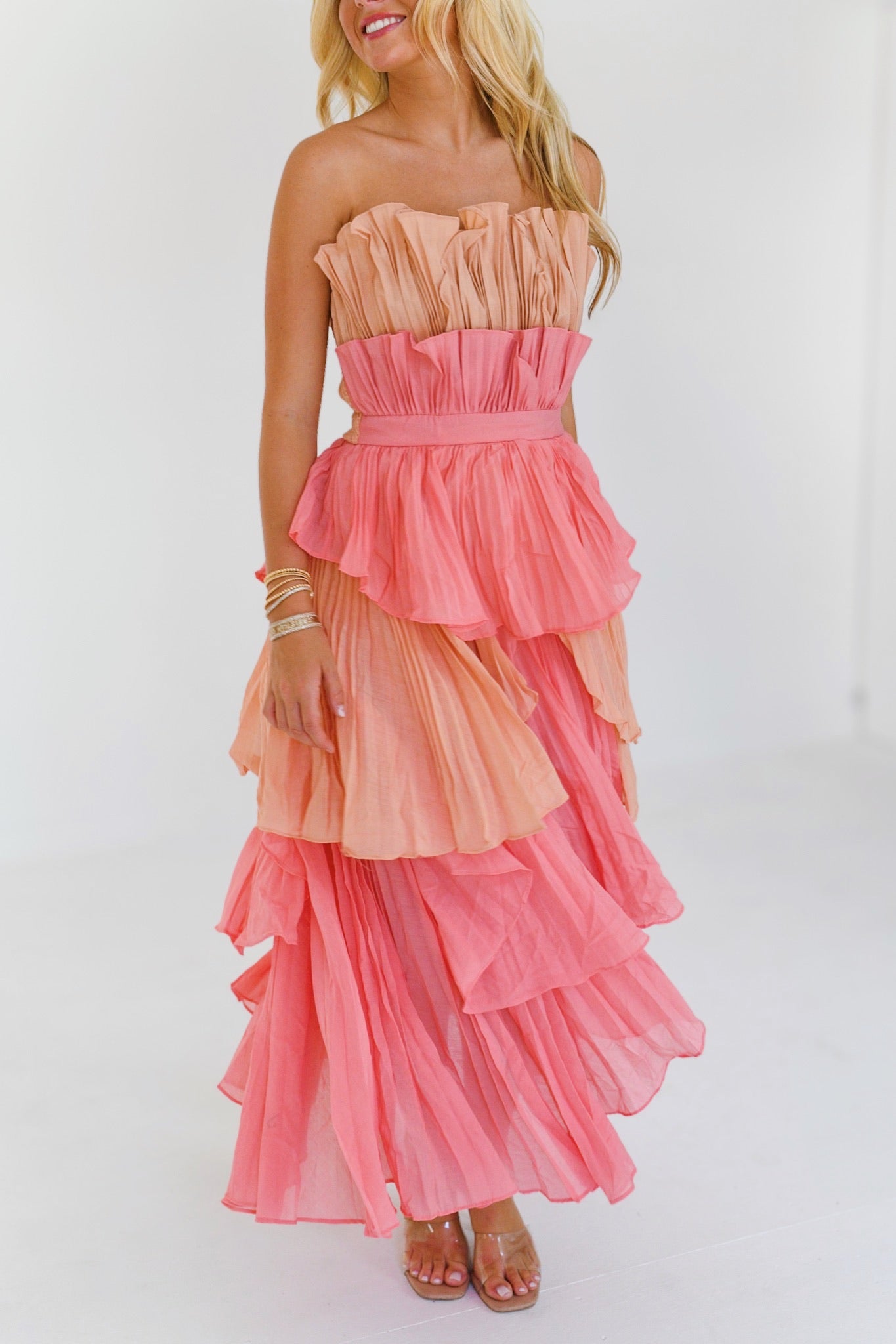 Lola Pleated Ruffle Maxi Dress - Coral Multi