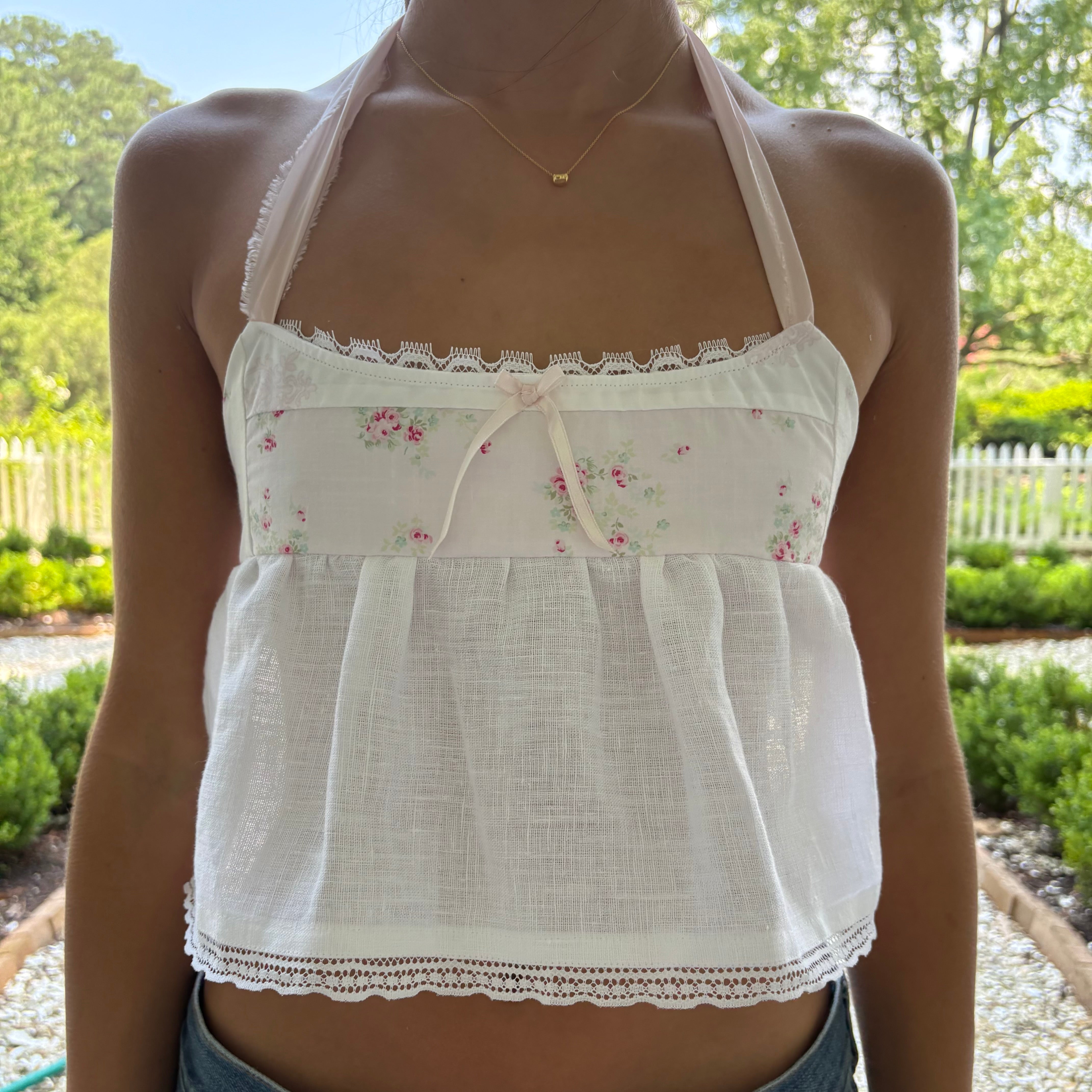 White Floral Lace Halter Babydoll Top
