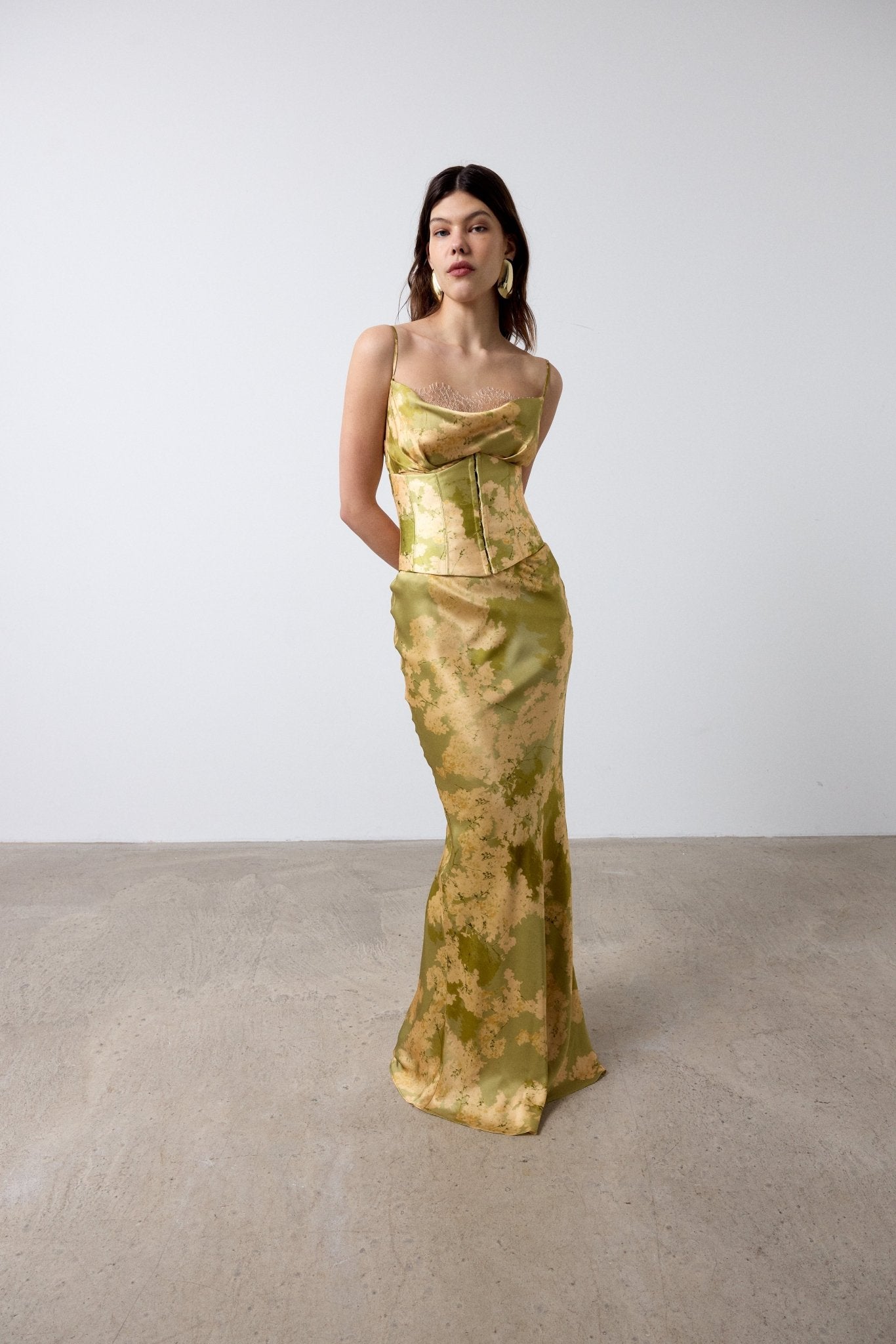 Olive Green Floral Jacquard Corset Mermaid Maxi Dress