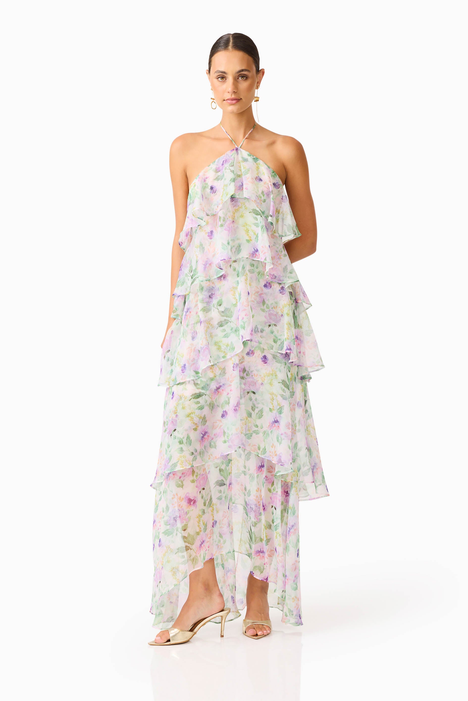 Pastel Watercolor Floral Tiered Halter Maxi Dress