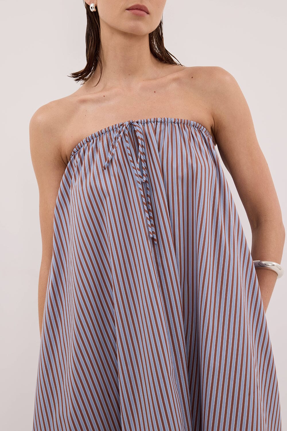 HARRI STRIPE STRAPLESS MIDI DRESS