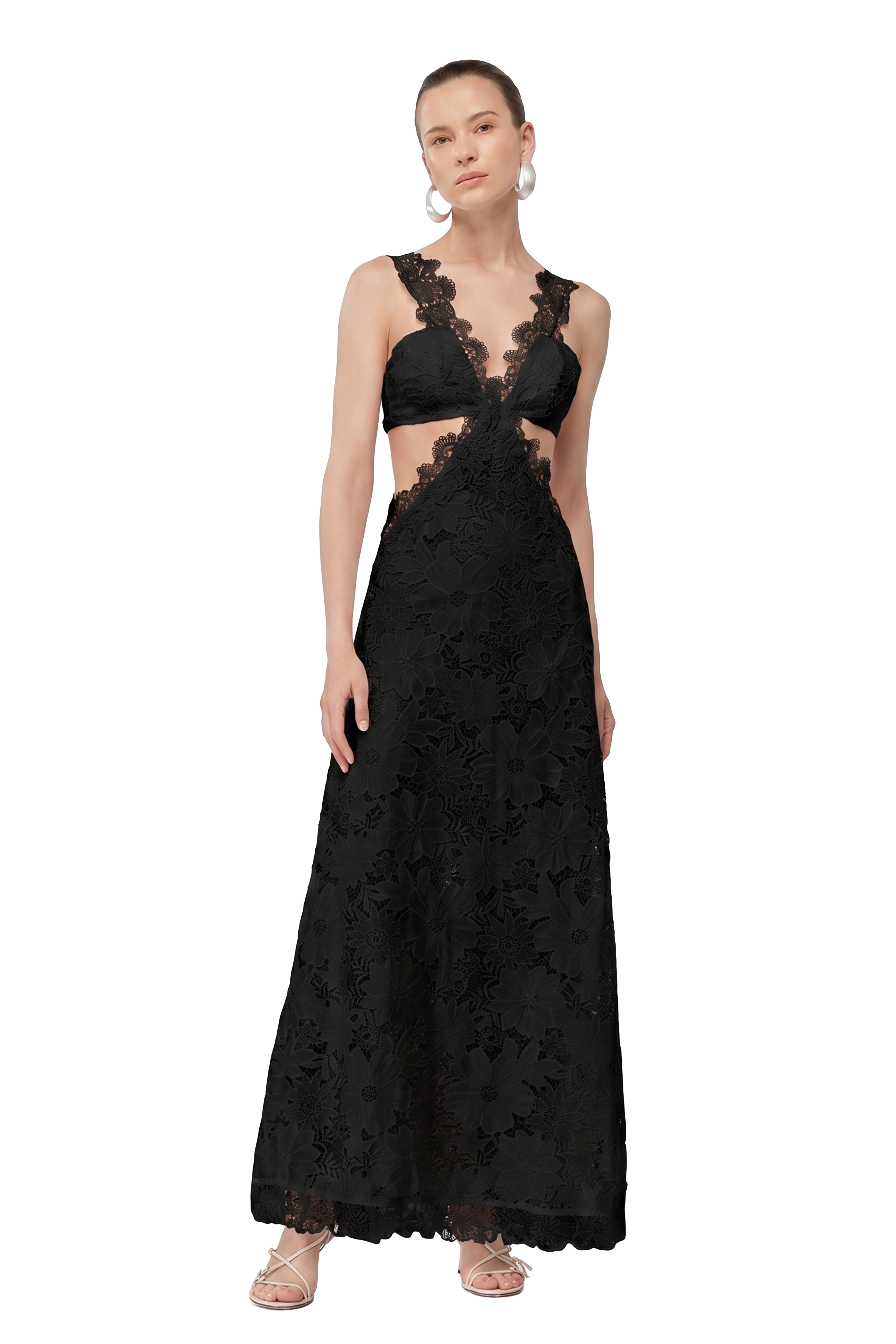 Elegant Lace Waist Cut‑Out Long Dress