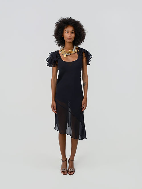 Ruffle Flutter Sleeve Chiffon Midi Dress