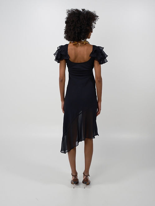 Ruffle Flutter Sleeve Chiffon Midi Dress