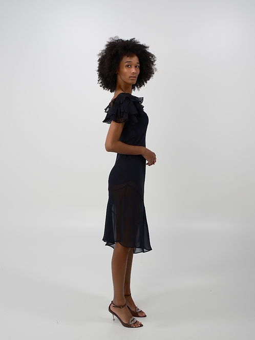 Ruffle Flutter Sleeve Chiffon Midi Dress
