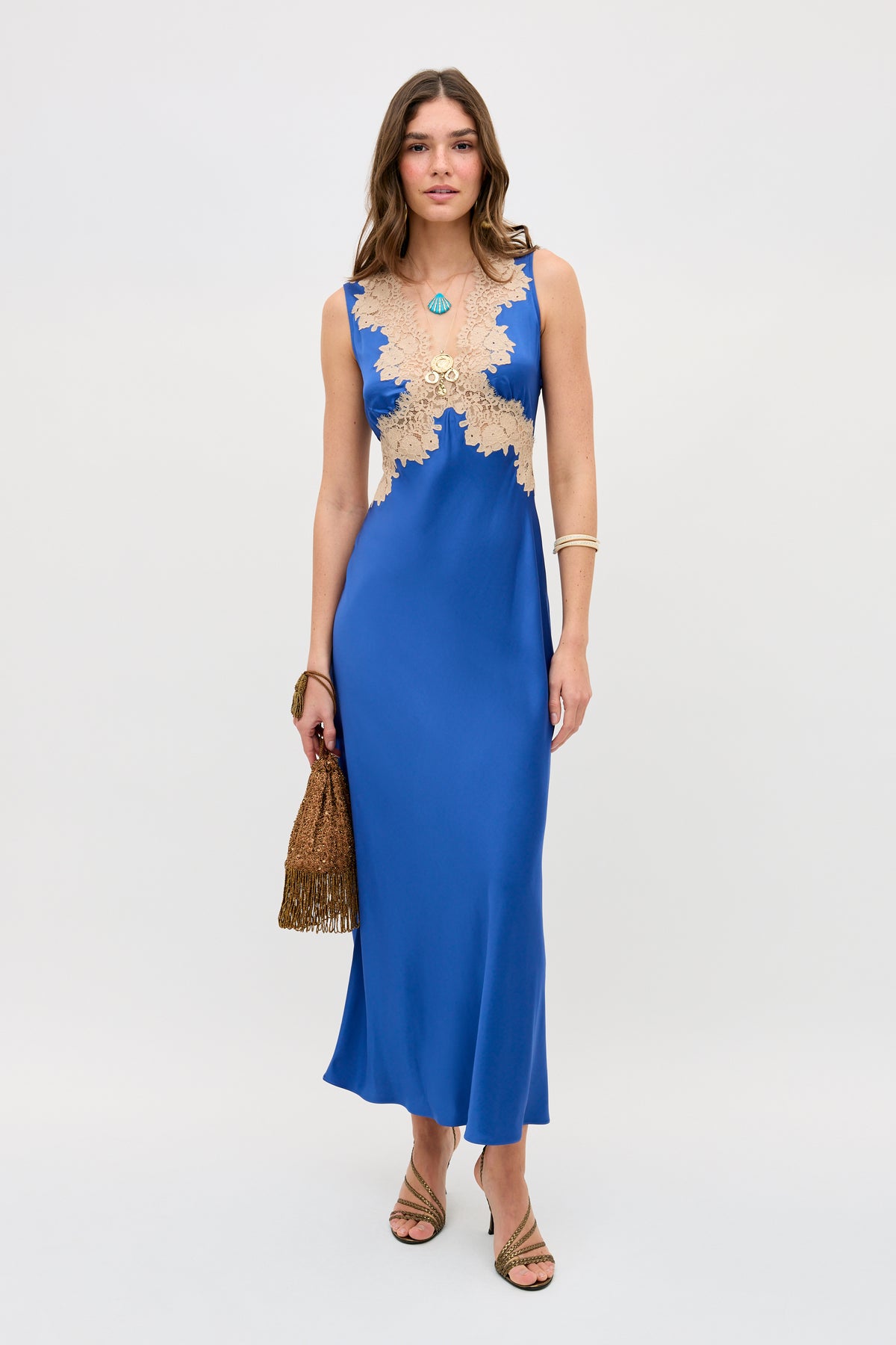 Lace‑Appliqued Satin V‑Neck Slip Madi Dress