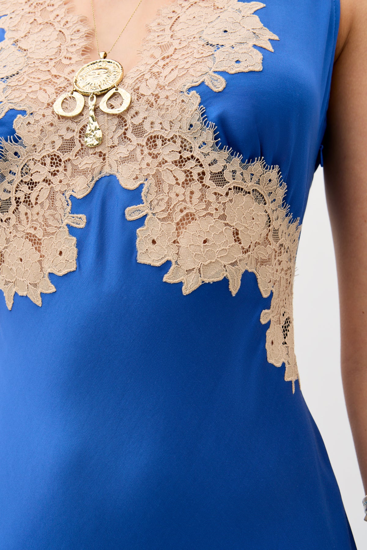 Lace‑Appliqued Satin V‑Neck Slip Madi Dress