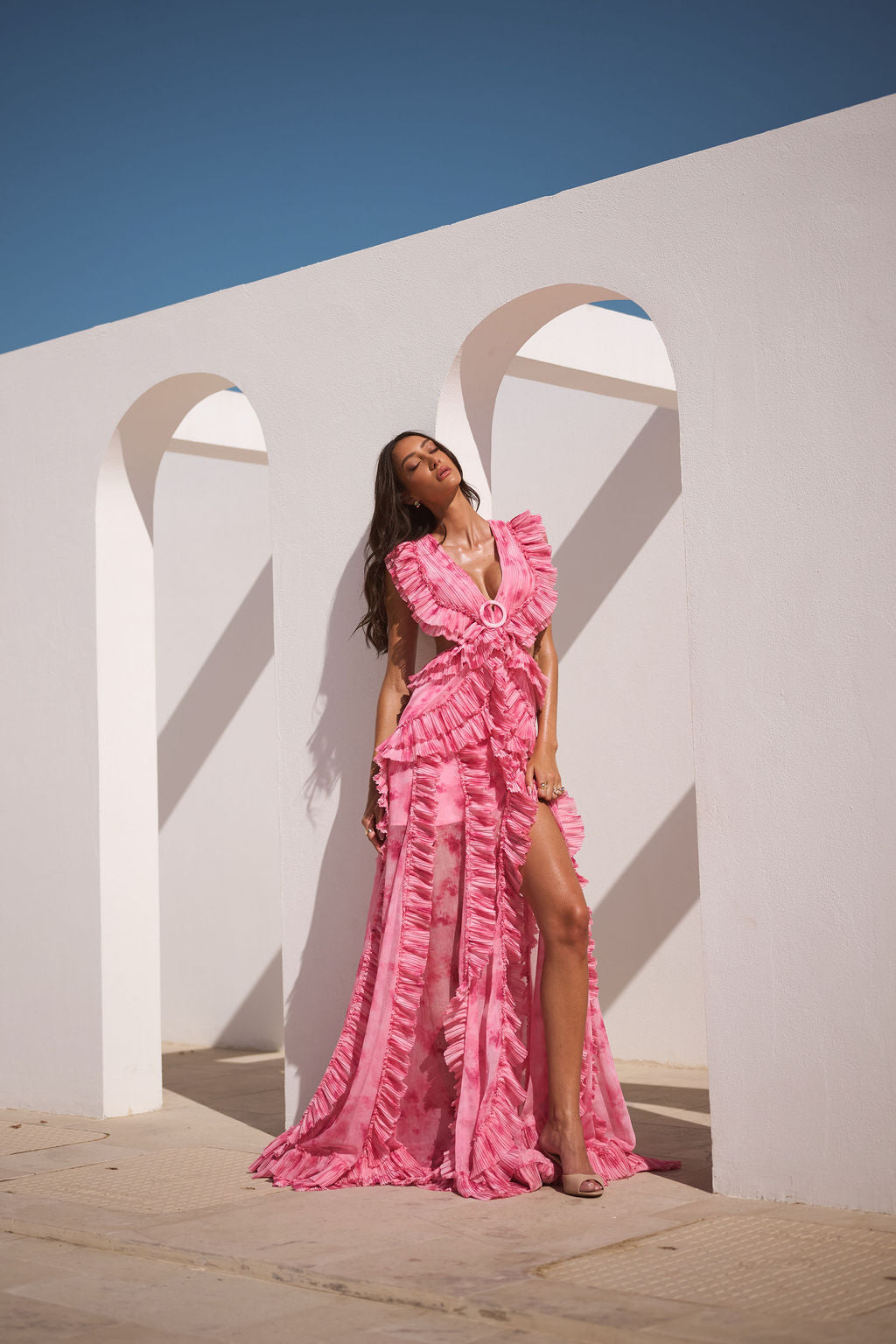 Pink Tie-Dye Ruffle Tiered Maxi Dress
